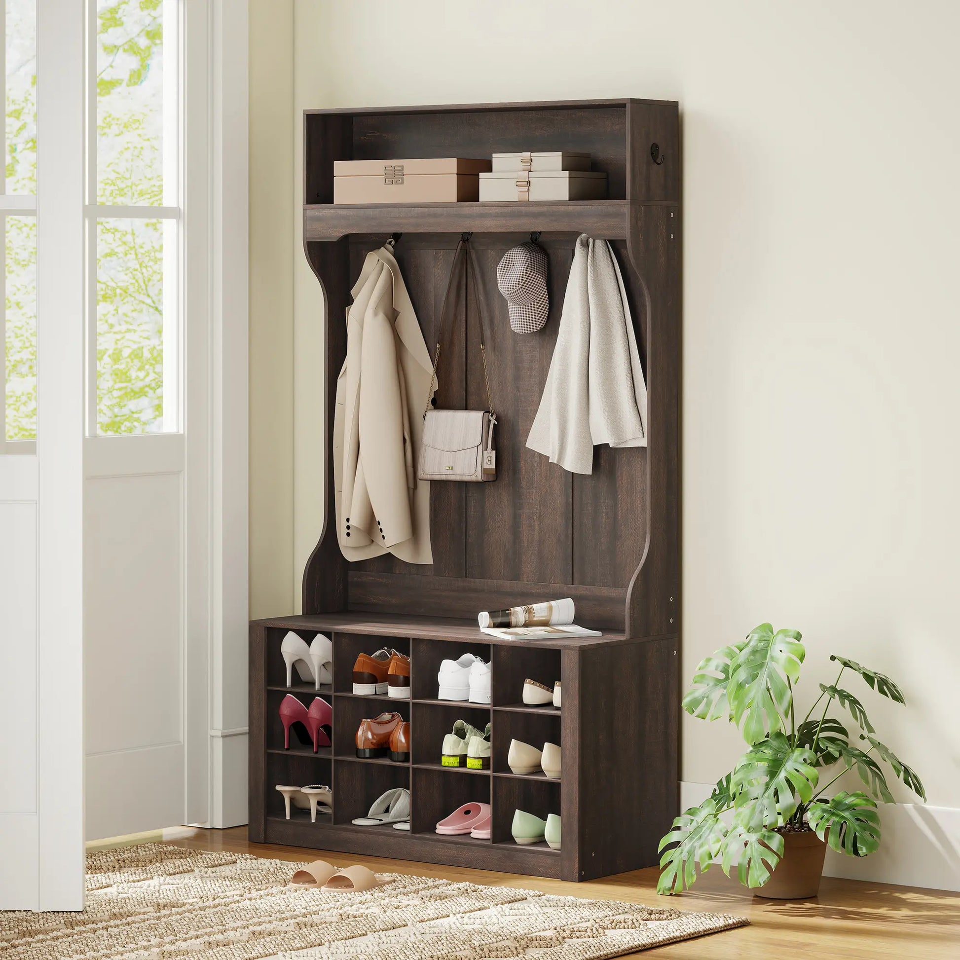 4-In-1 Hall Tree with Bench, Shoe Storage, 12 Cubbies, 6 Hooks, Dark Brown Clothing Storage at Gallery Canada