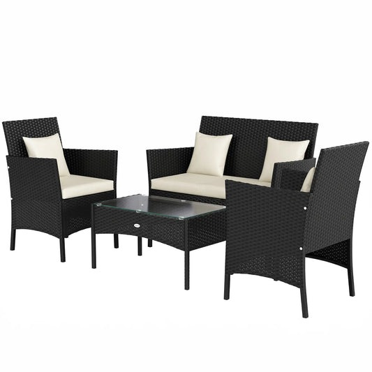 4-Piece Rattan Patio Set, Coffee Table, 22.8" W x 21.7" D x 33.5" H, Black Cream Patio Furniture Sets Black Rattan, Cream Cushions at Gallery Canada