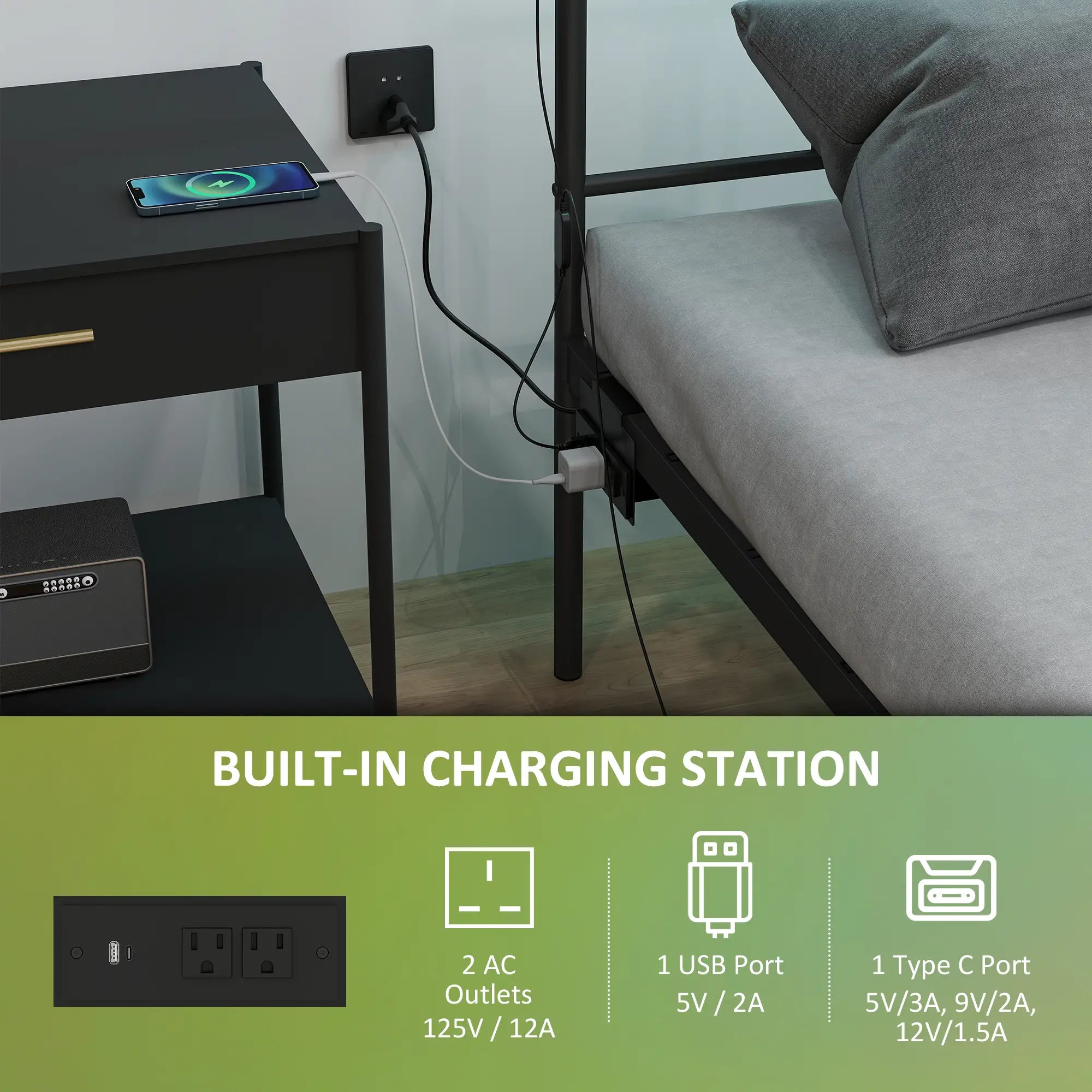 Queen Bed Frame With LED Lights, Charging Station, Under Bed Storage, Black Bed Frames at Gallery Canada