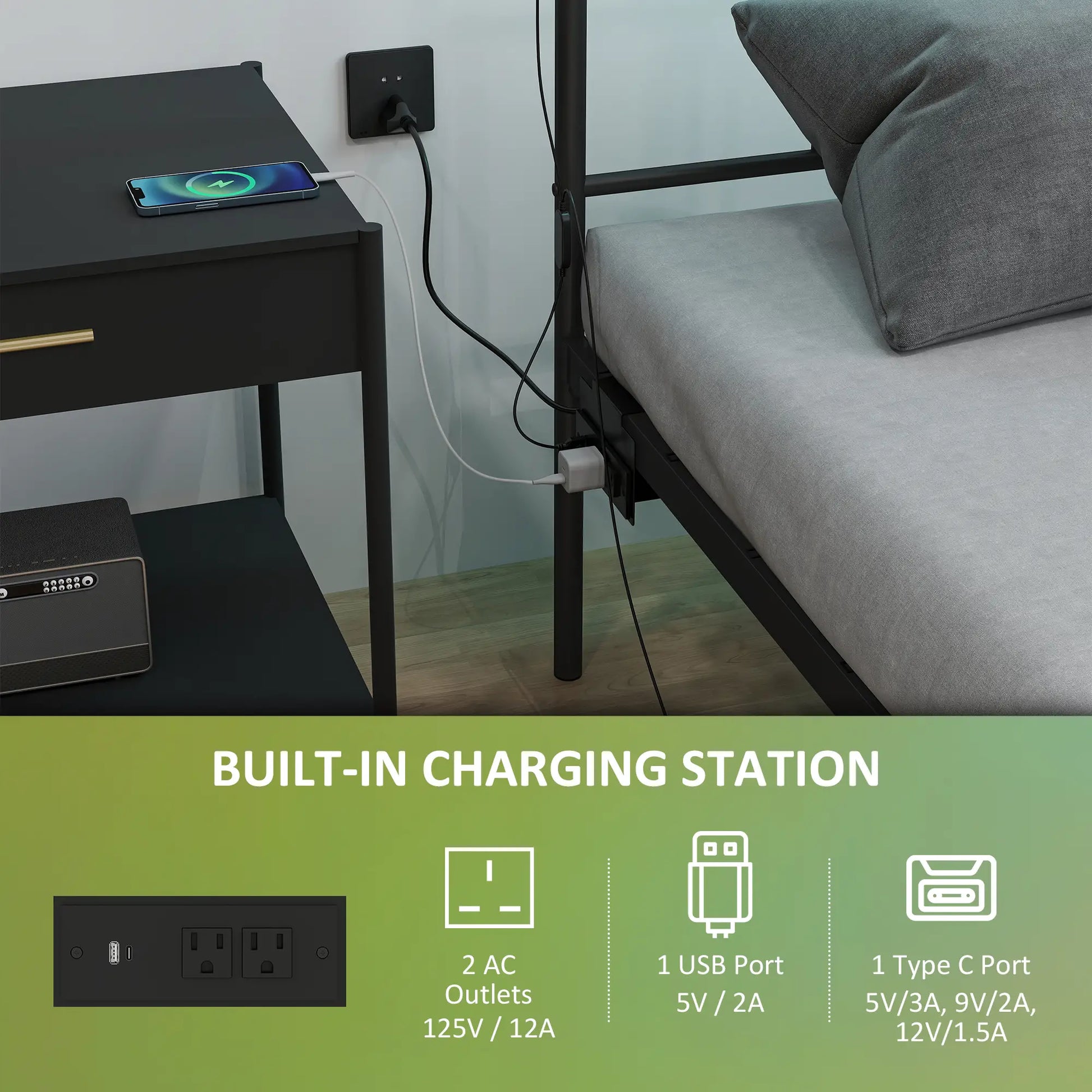 Queen Bed Frame With LED Lights, Charging Station, Under Bed Storage, Black Bed Frames at Gallery Canada