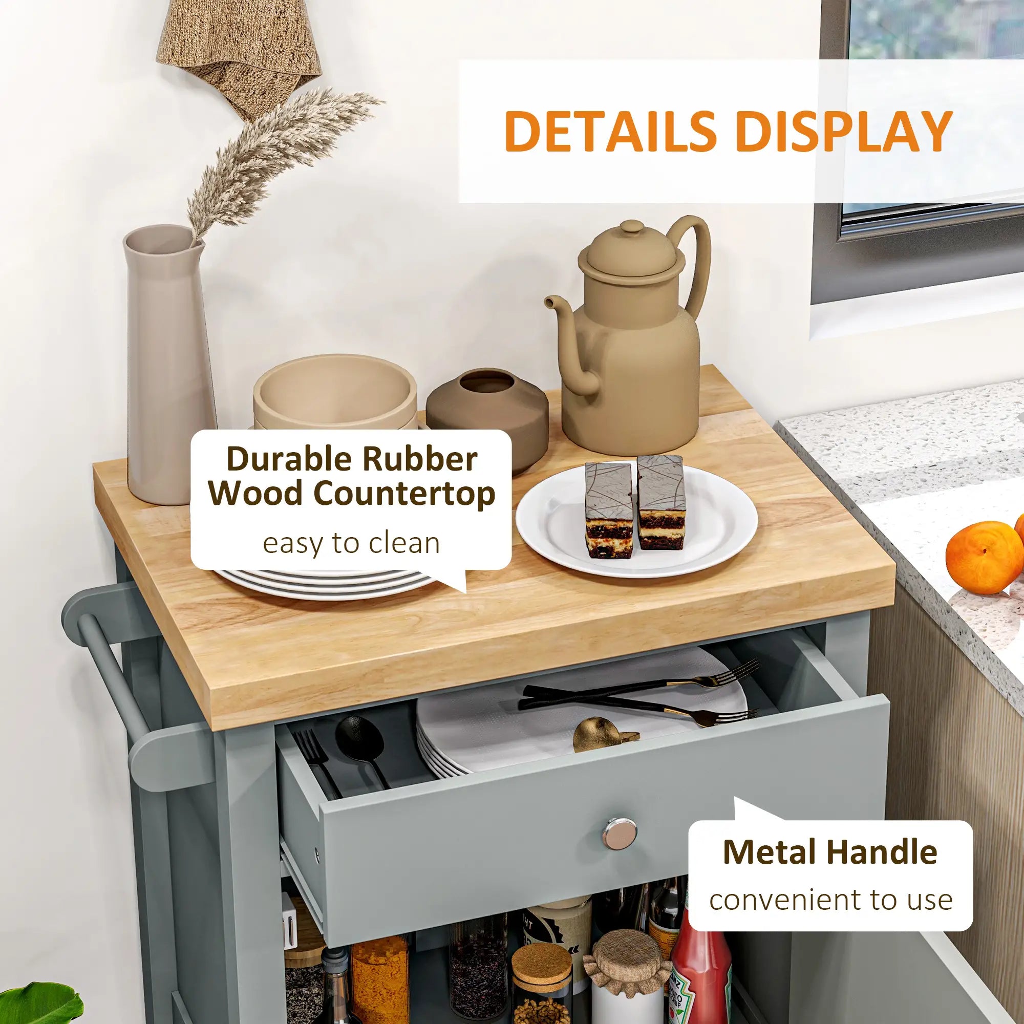 Kitchen Cart on Wheels, Wood Top, Towel Rack, Drawer, Shelf, Grey Kitchen Islands & Kitchen Carts at Gallery Canada