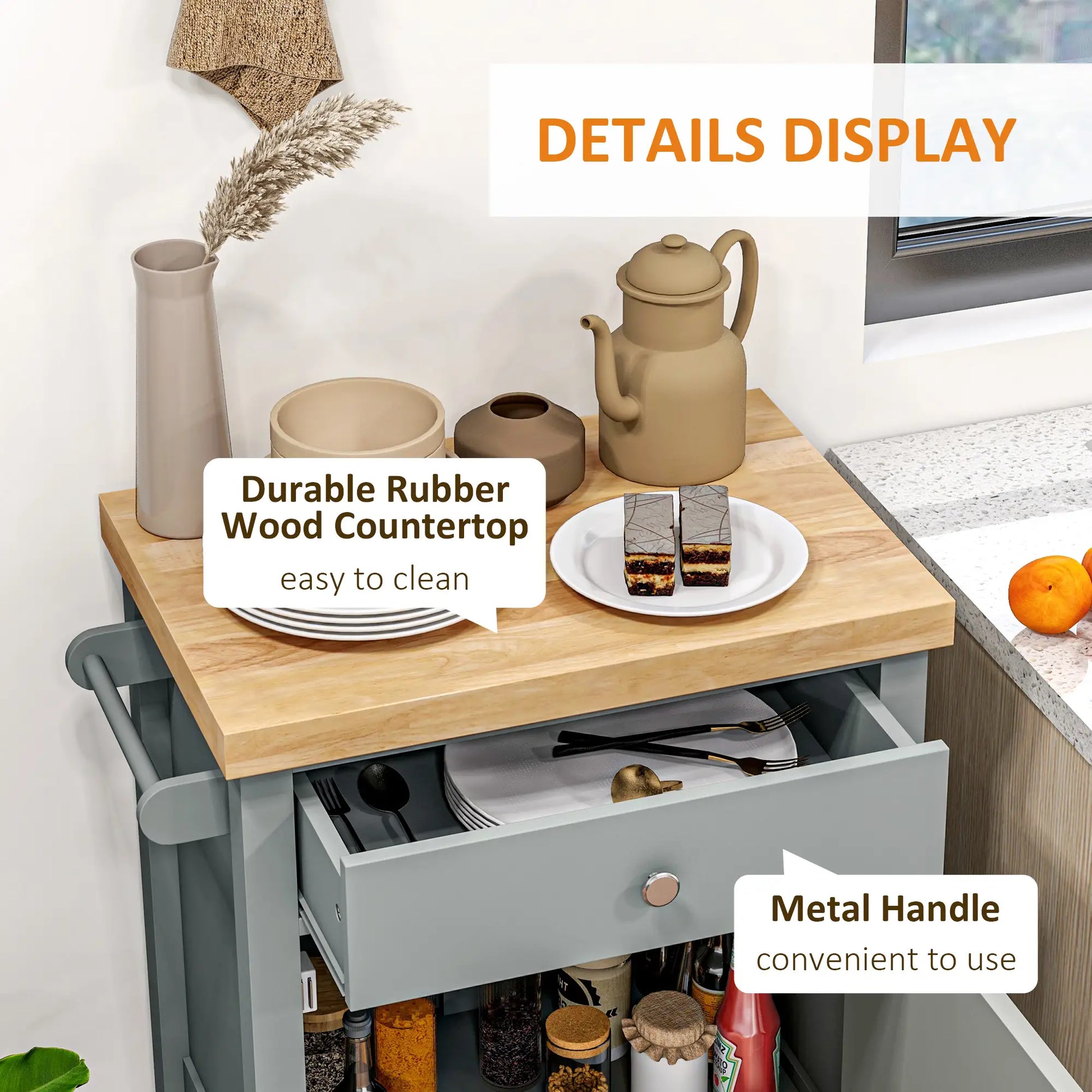 Kitchen Cart on Wheels, Wood Top, Towel Rack, Drawer, Shelf, Grey Kitchen Islands & Kitchen Carts at Gallery Canada