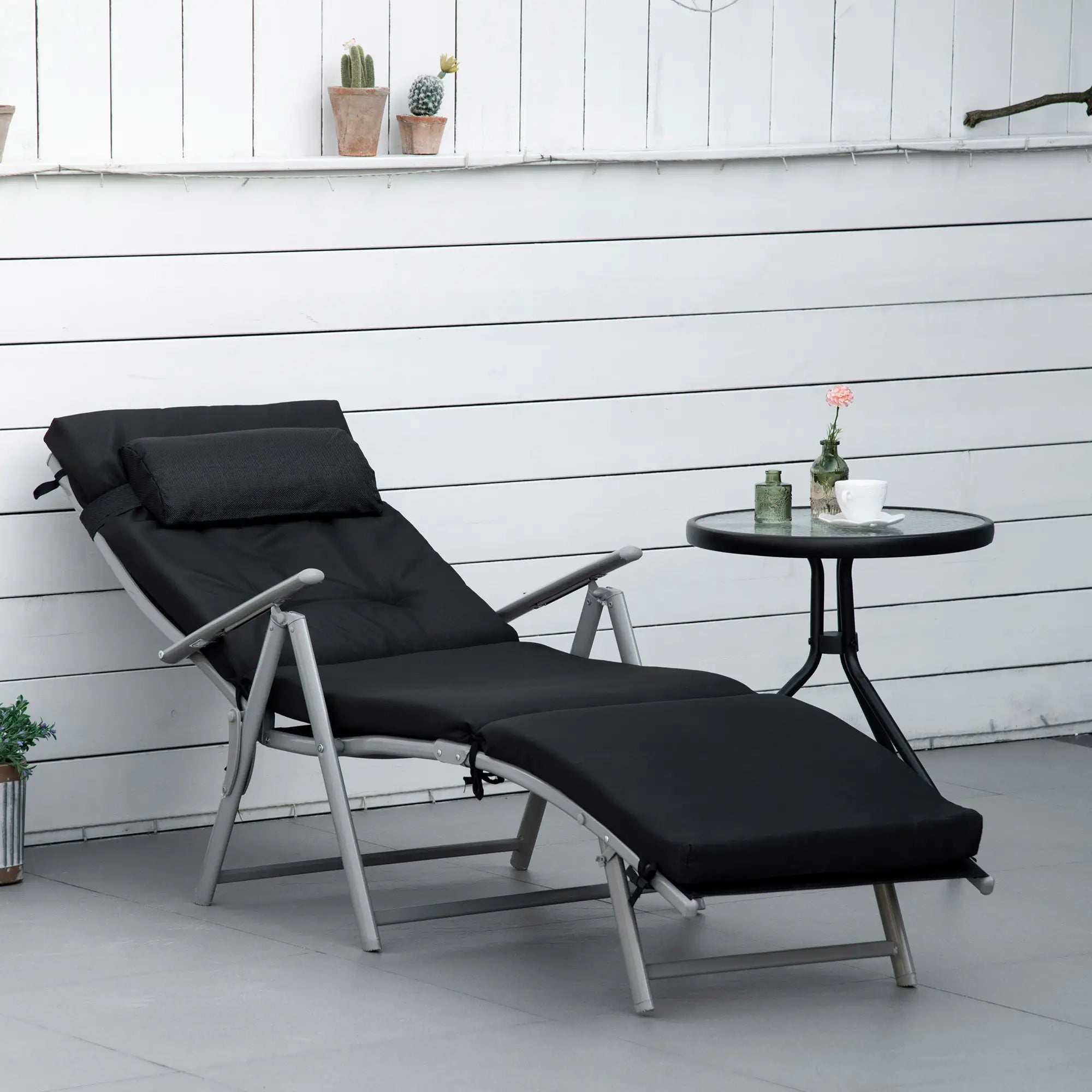 Outdoor Folding Chaise Lounge, Adjustable Backrest, Black Lounger Chairs at Gallery Canada