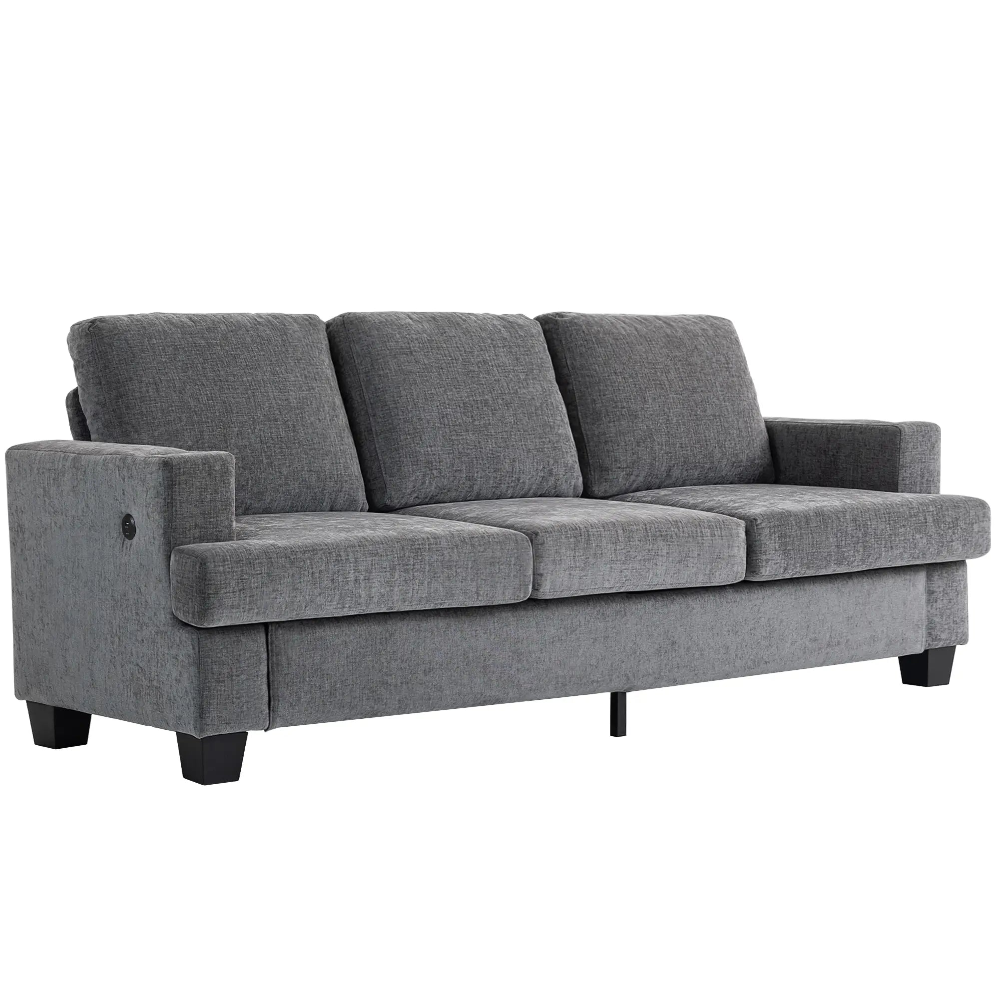 3 Seater Sofa with USB Ports, Cup Holders, Chenille Upholstery, Grey 3-Seater Sofas Grey at Gallery Canada