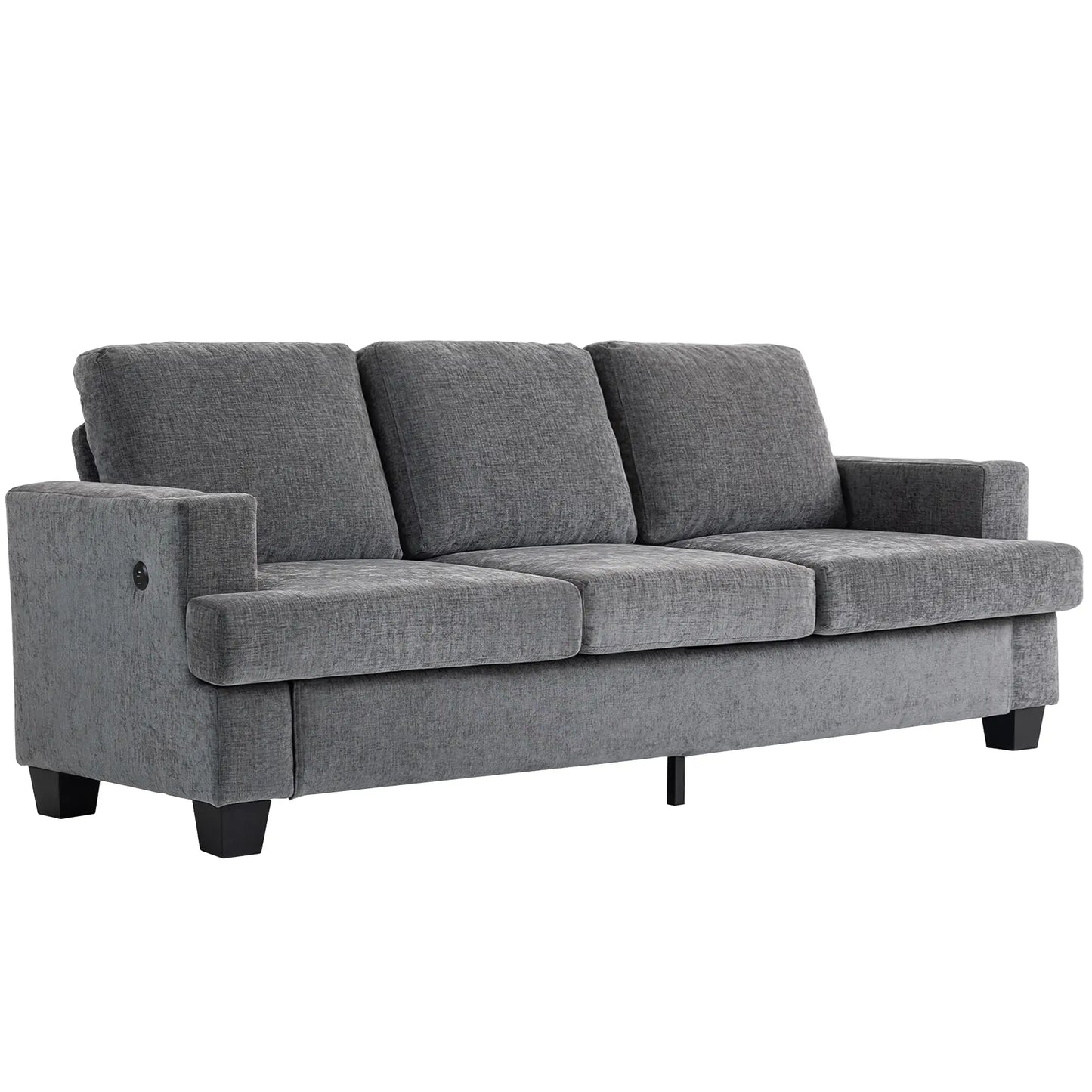 3 Seater Sofa with USB Ports, Cup Holders, Chenille Upholstery, Grey 3-Seater Sofas Grey at Gallery Canada