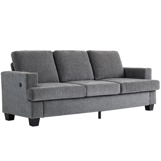 3 Seater Sofa with USB Ports, Cup Holders, Chenille Upholstery, Grey 3-Seater Sofas Grey at Gallery Canada