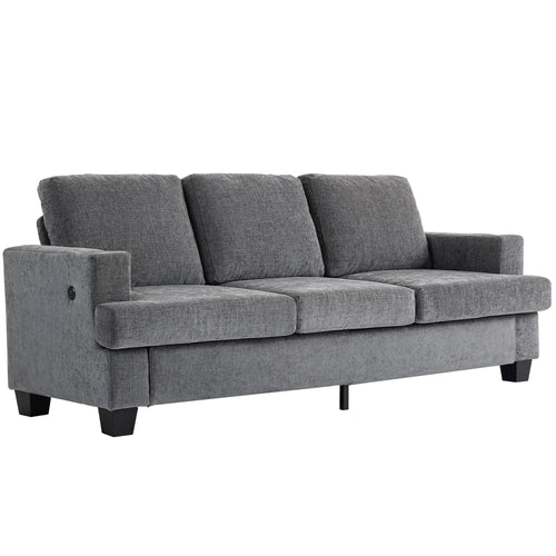 3 Seater Sofa with USB Ports, Cup Holders, Chenille Upholstery, Grey