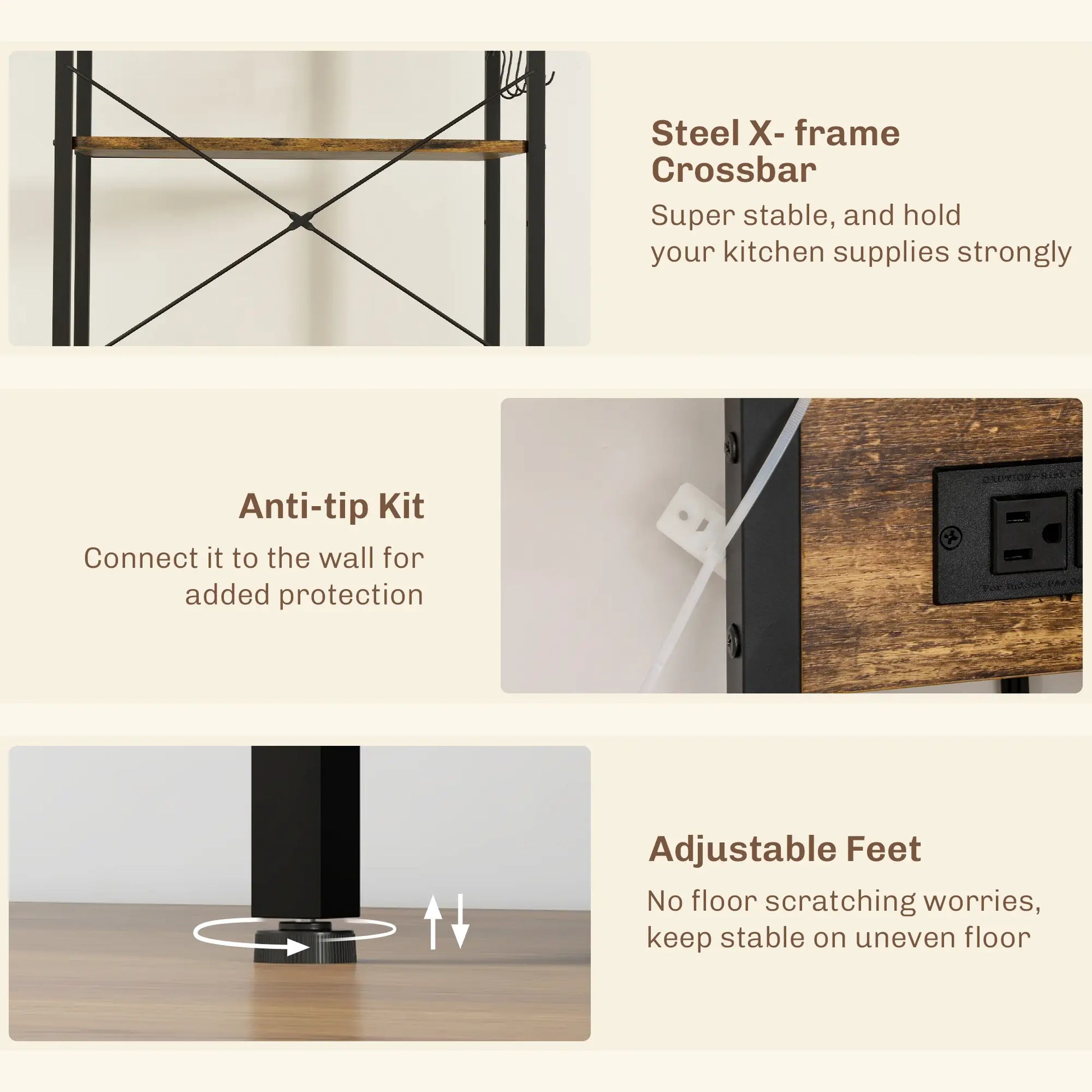 Kitchen Baker's Rack with Power Outlet, Adjustable Shelves, Rustic Brown, Brown Bar Cabinets at Gallery Canada