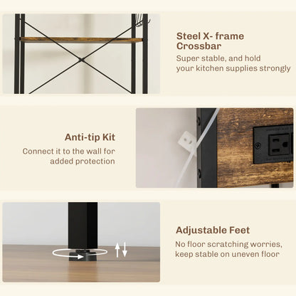 Kitchen Baker's Rack with Power Outlet, Adjustable Shelves, Rustic Brown, Brown Bar Cabinets at Gallery Canada