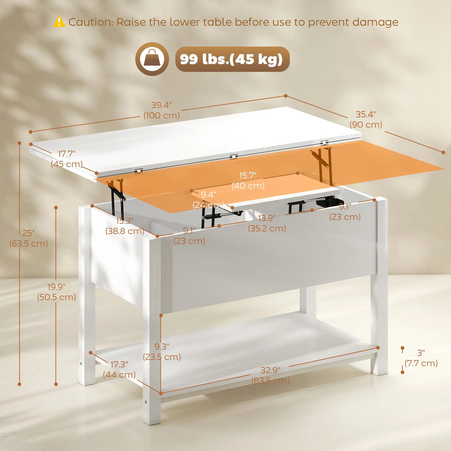 Table basse relevable avec rangement, blanche