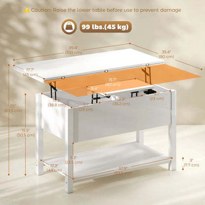 Table basse relevable avec rangement, blanche