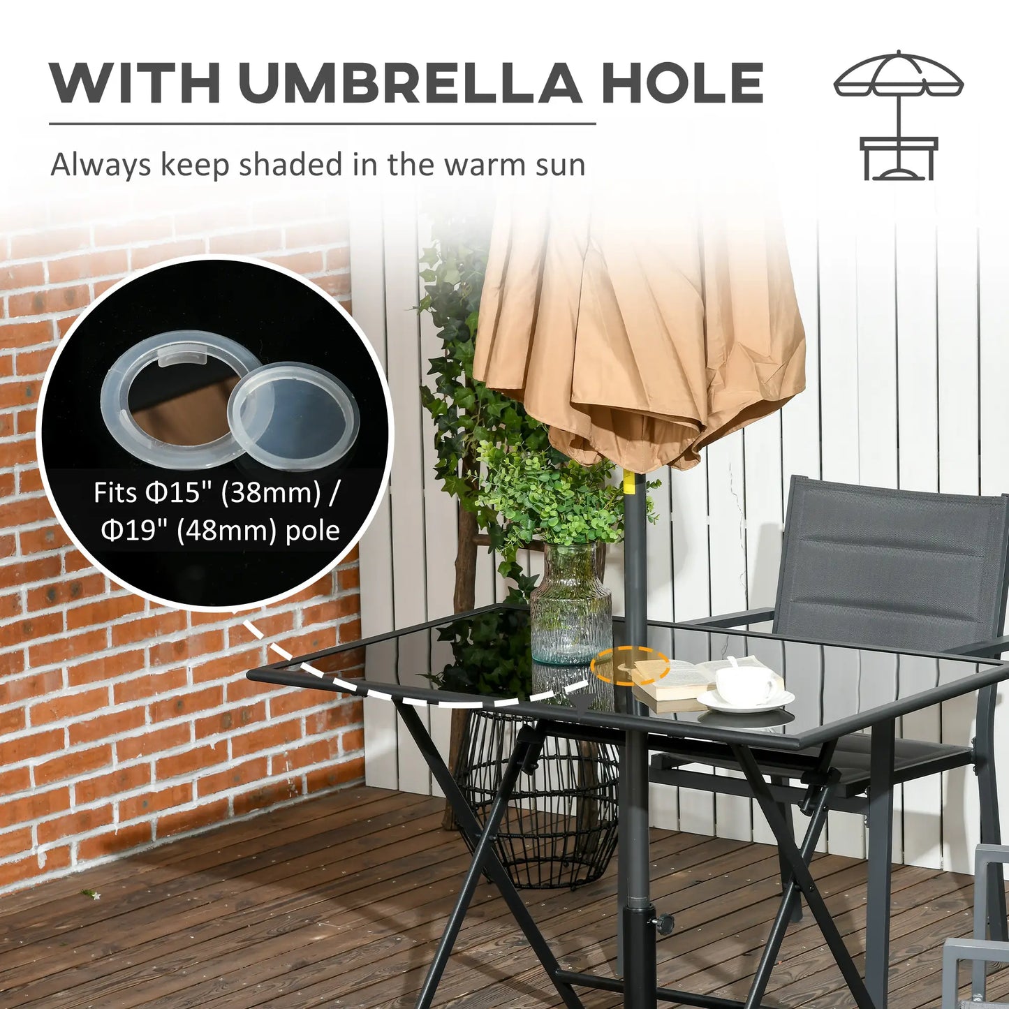 Foldable Outdoor Dining Table, Umbrella Hole, Glass Top, Metal Frame, Black Patio Side Tables at Gallery Canada