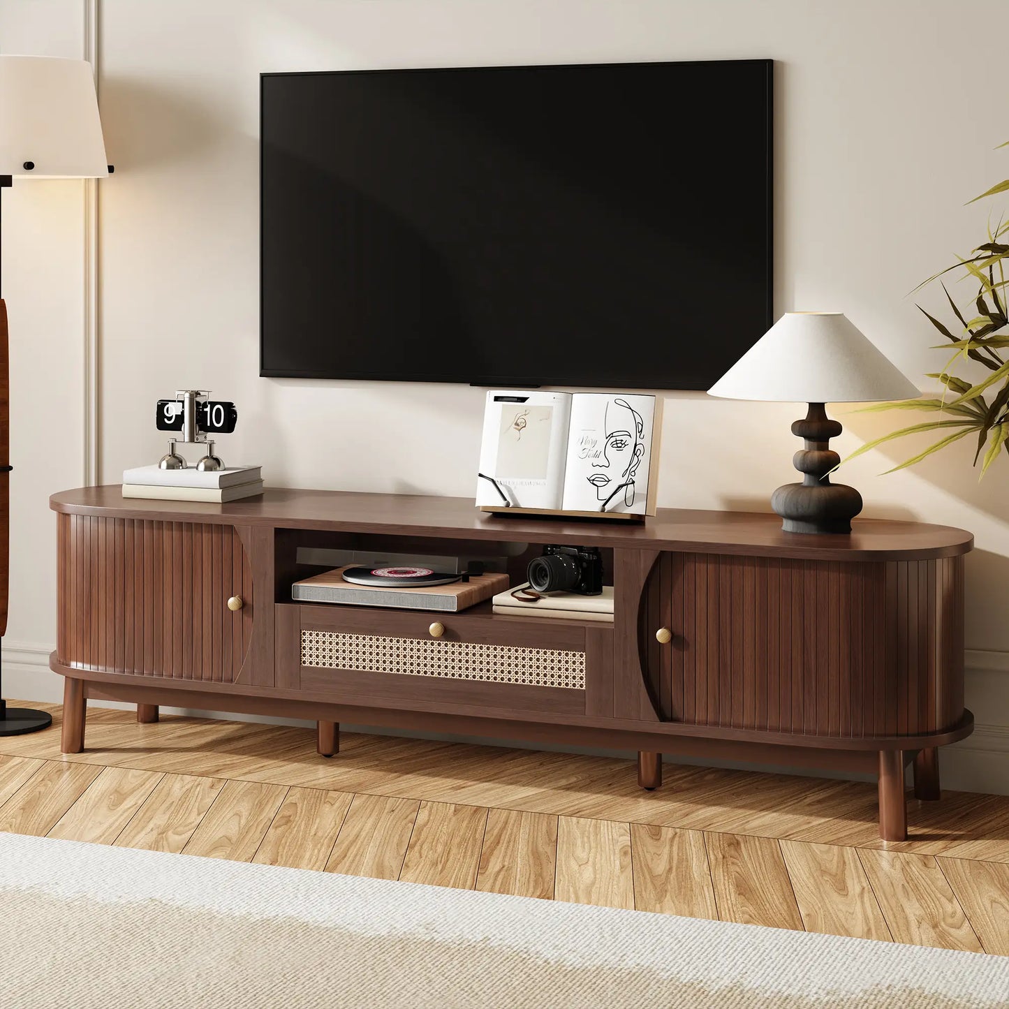 TV Stand, Solid Wood Doors, Drawers, 65" L x 14.5" W x 18" H, Natural Walnut TV Stands at Gallery Canada