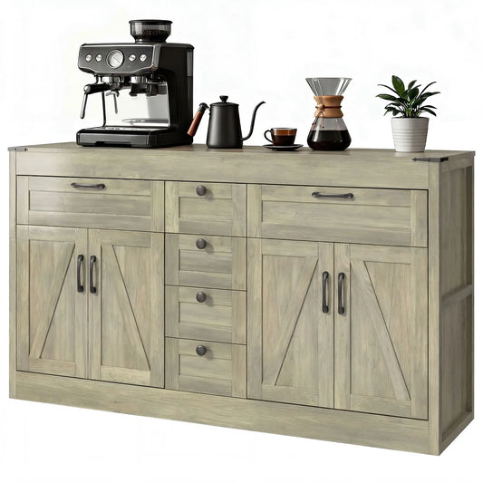 55" Farmhouse Sideboard Buffet Cabinet, 4 Barn Doors, 6 Drawers, Grey Bar Cabinets Grey Wood Grain at Gallery Canada