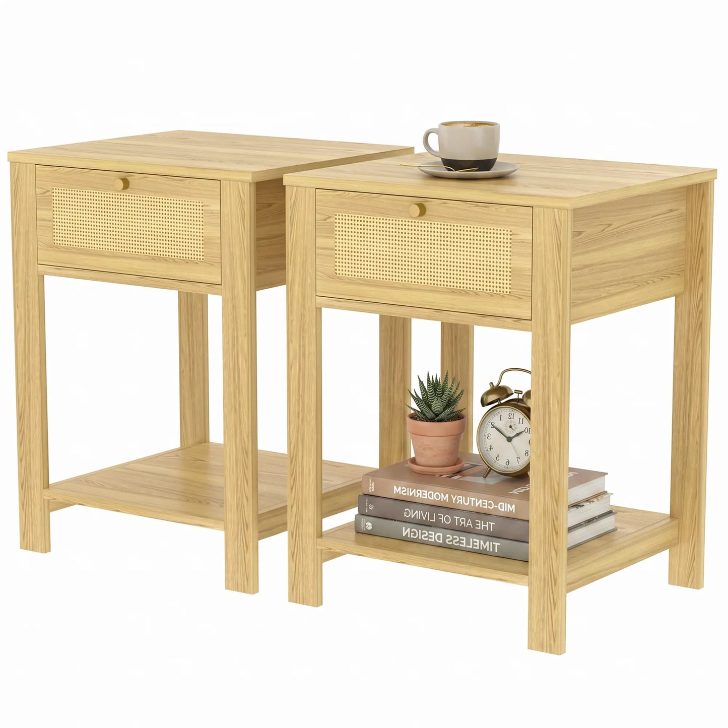 Nightstand Set of 2 With Drawer & Shelf, Natural Wood, Natural Wood Side Tables Natural at Gallery Canada