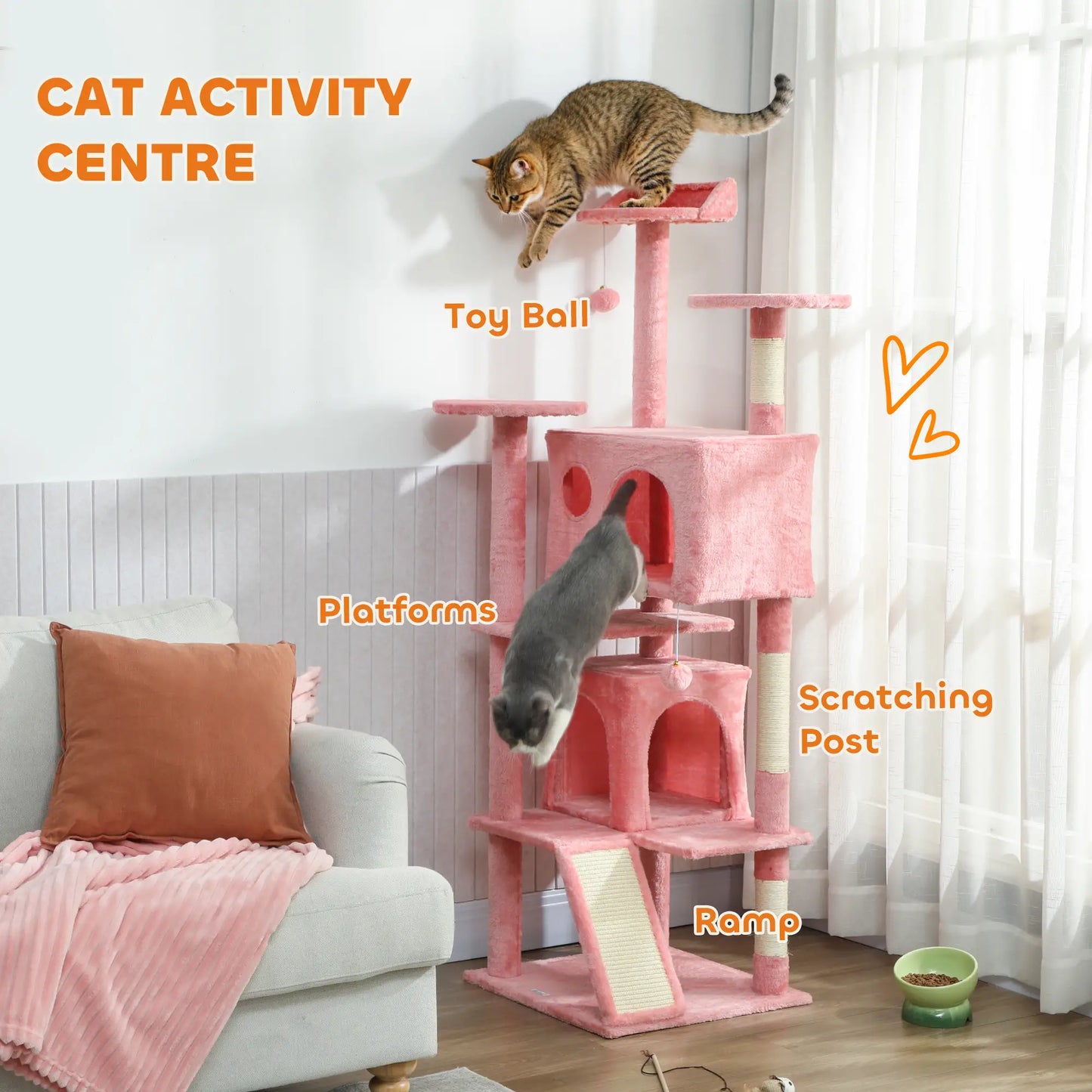 63" Cat Tree, Multi-Level Tower With Scratching Posts, Condos, Bed, Pink