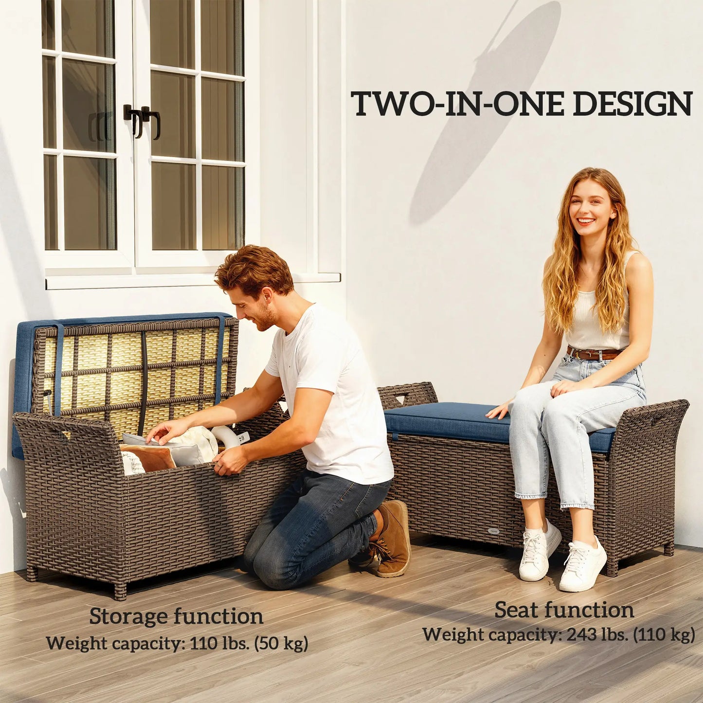 29 Gallon Wicker Deck Box, Outdoor Storage Bench, Navy Blue Patio Storage Boxes at Gallery Canada