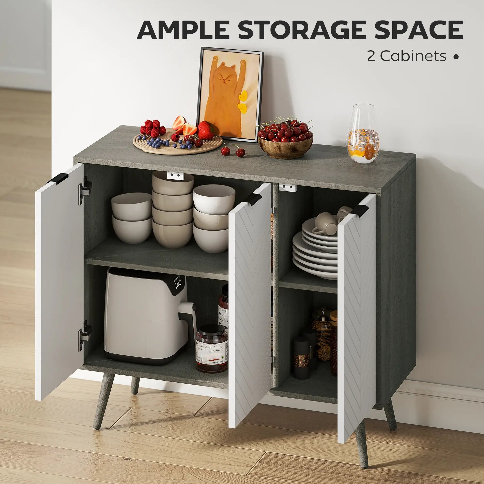 Modern Sideboard Buffet, Dining Room Cabinet, Adjustable Shelves, 3 Doors, Grey Storage Cabinets at Gallery Canada