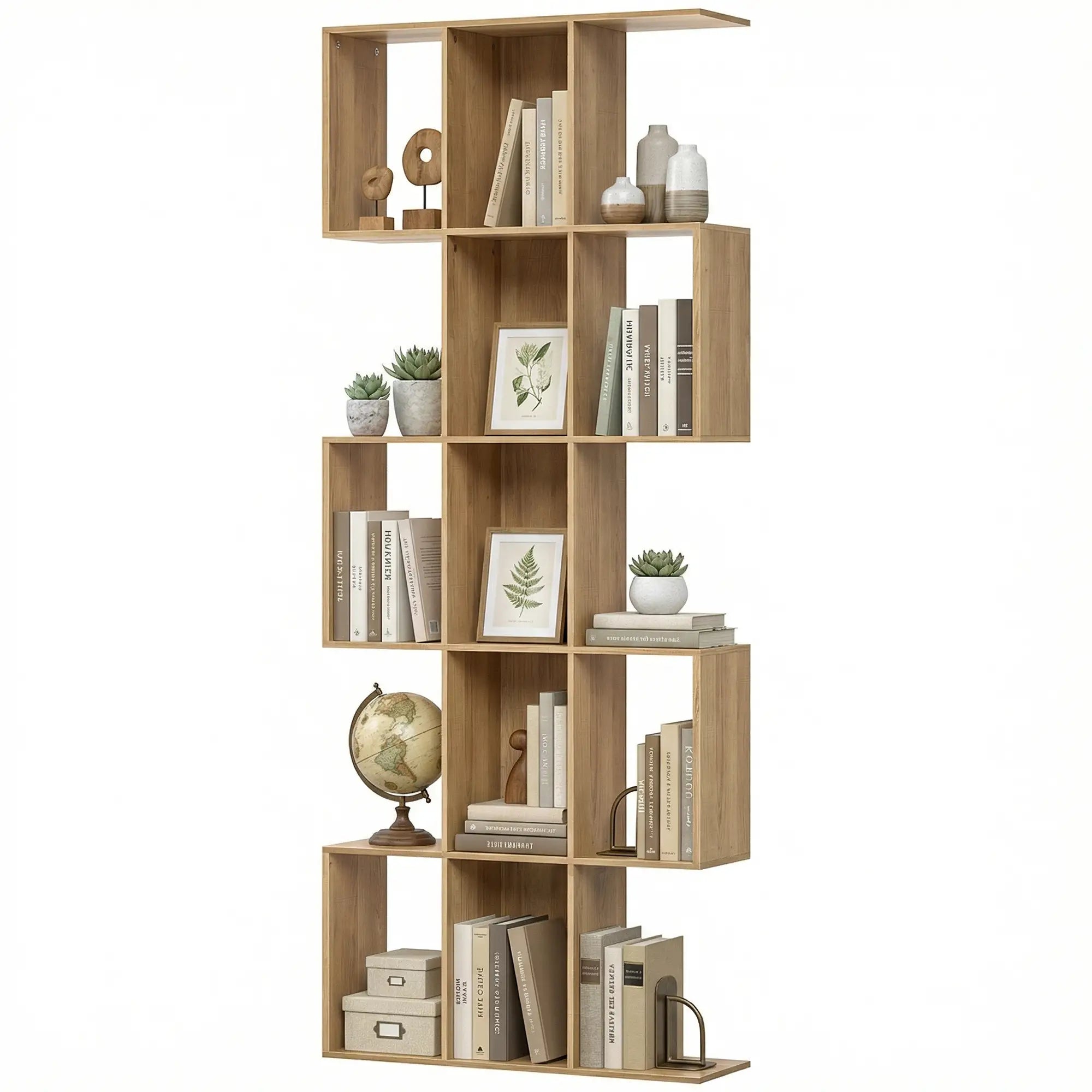 5-Tier S Shaped Geometric Bookcase, 15 Compartments, Oak Display Bookshelves Oak at Gallery Canada