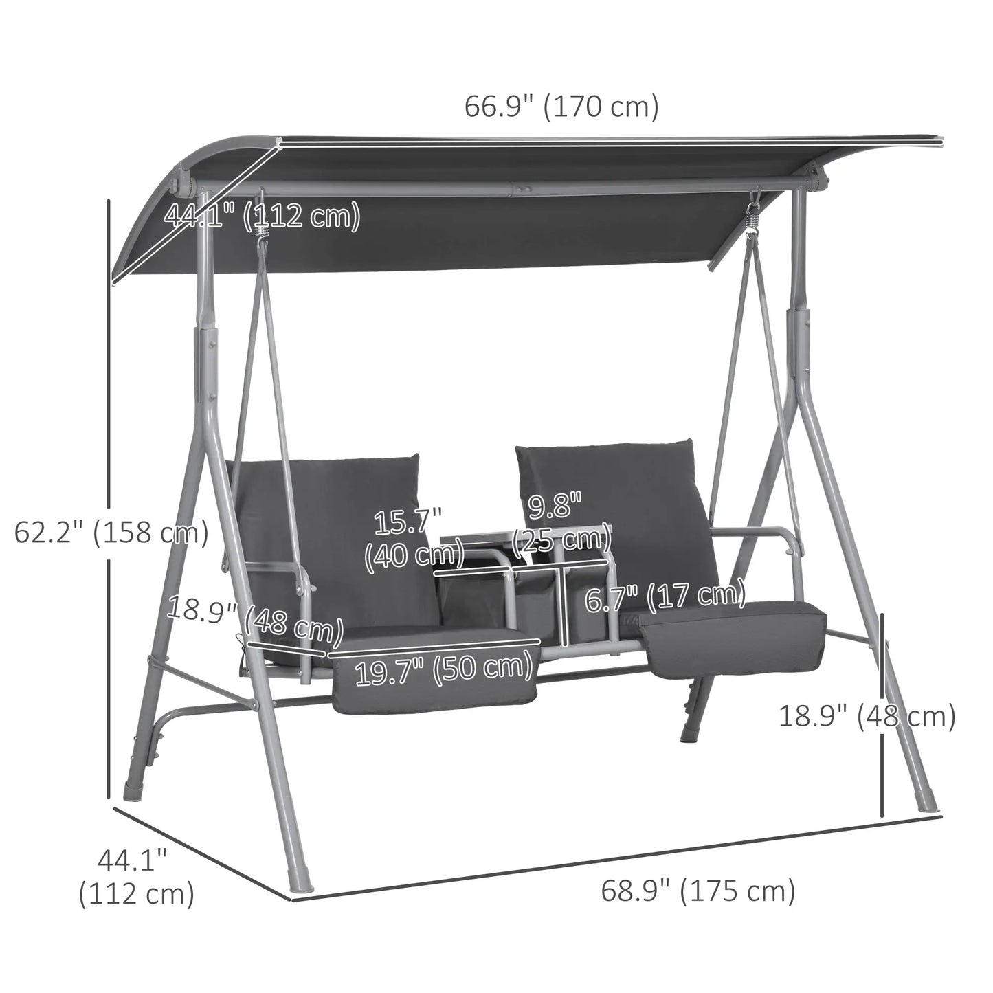 2-Seater Outdoor Porch Swing, Adjustable Canopy, Table, Grey Patio Swings with Stand at Gallery Canada