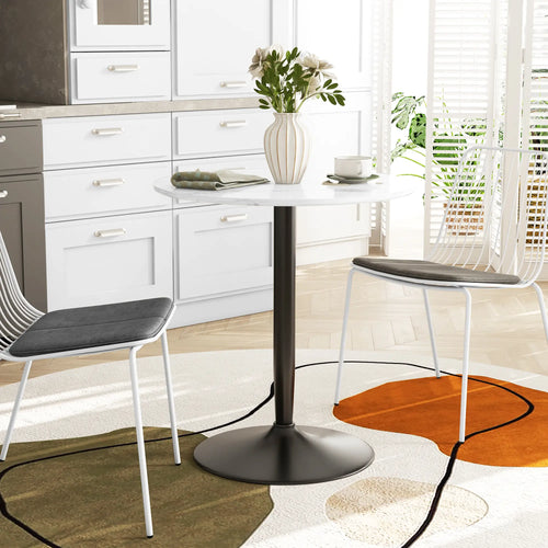 Modern Round Kitchen Table for 2, Steel Base, White Marble, White