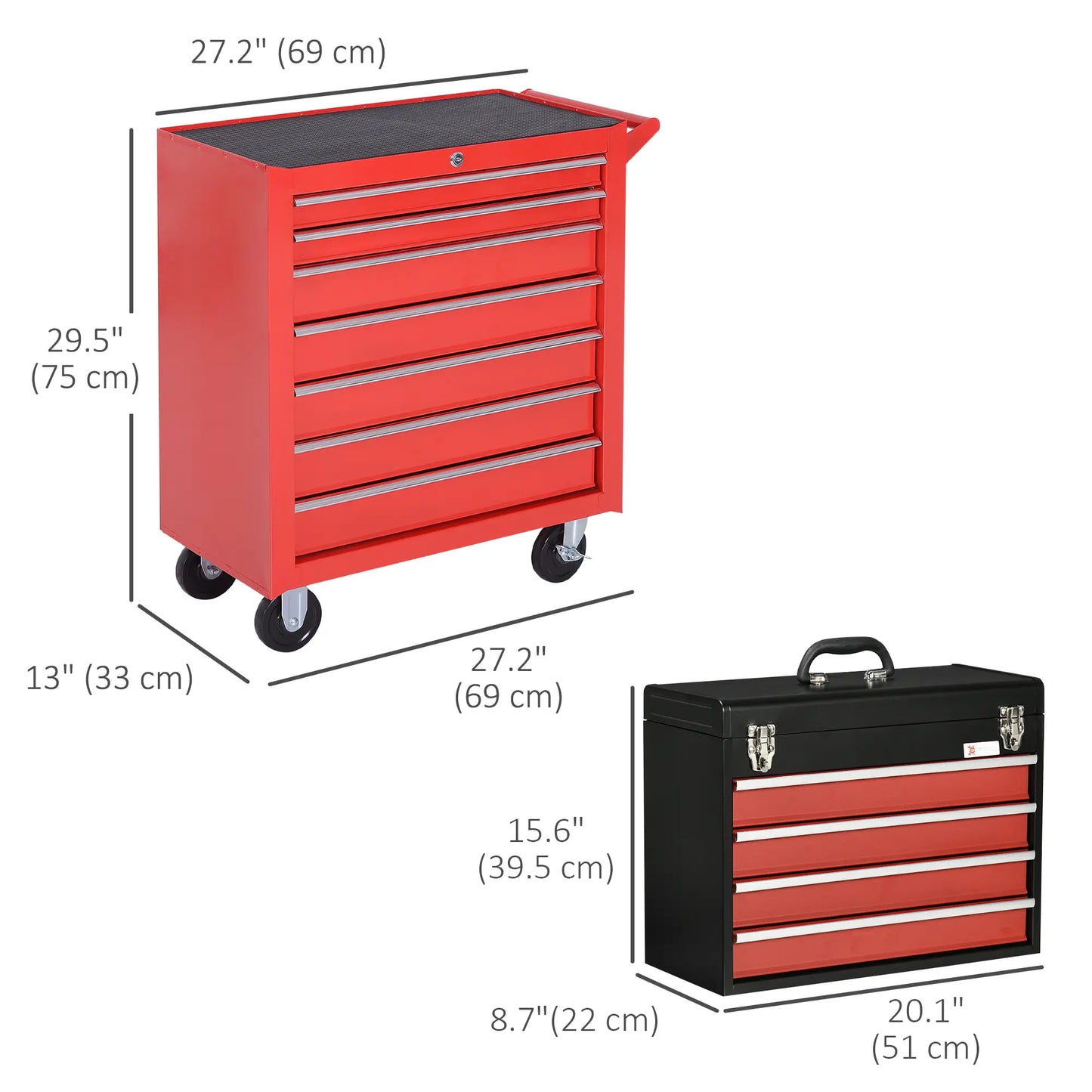 Lockable Tool Chest Set, 7 Drawer Cabinet with Wheels, 4 Drawer Portable, Red Tool Organizers at Gallery Canada