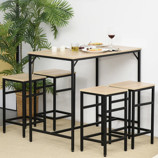 5-Piece Industrial Rectangular Bar Table Set, 4 Stools, Oak Bar Sets Black, Oak at Gallery Canada
