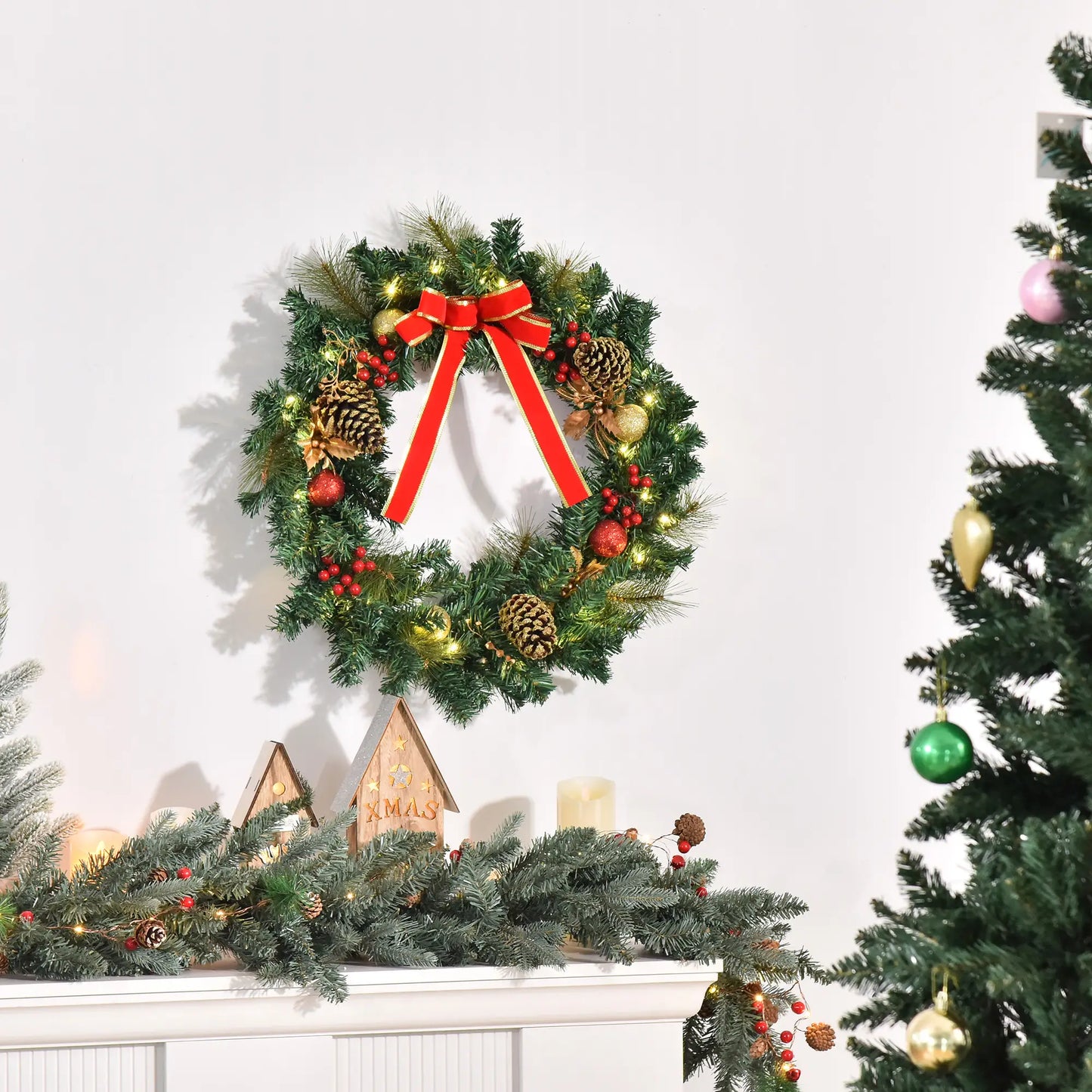 24" Pre-Lit Christmas Wreath, Artificial Greenery, 20 LED Lights, Red Berries Christmas Wreaths at Gallery Canada