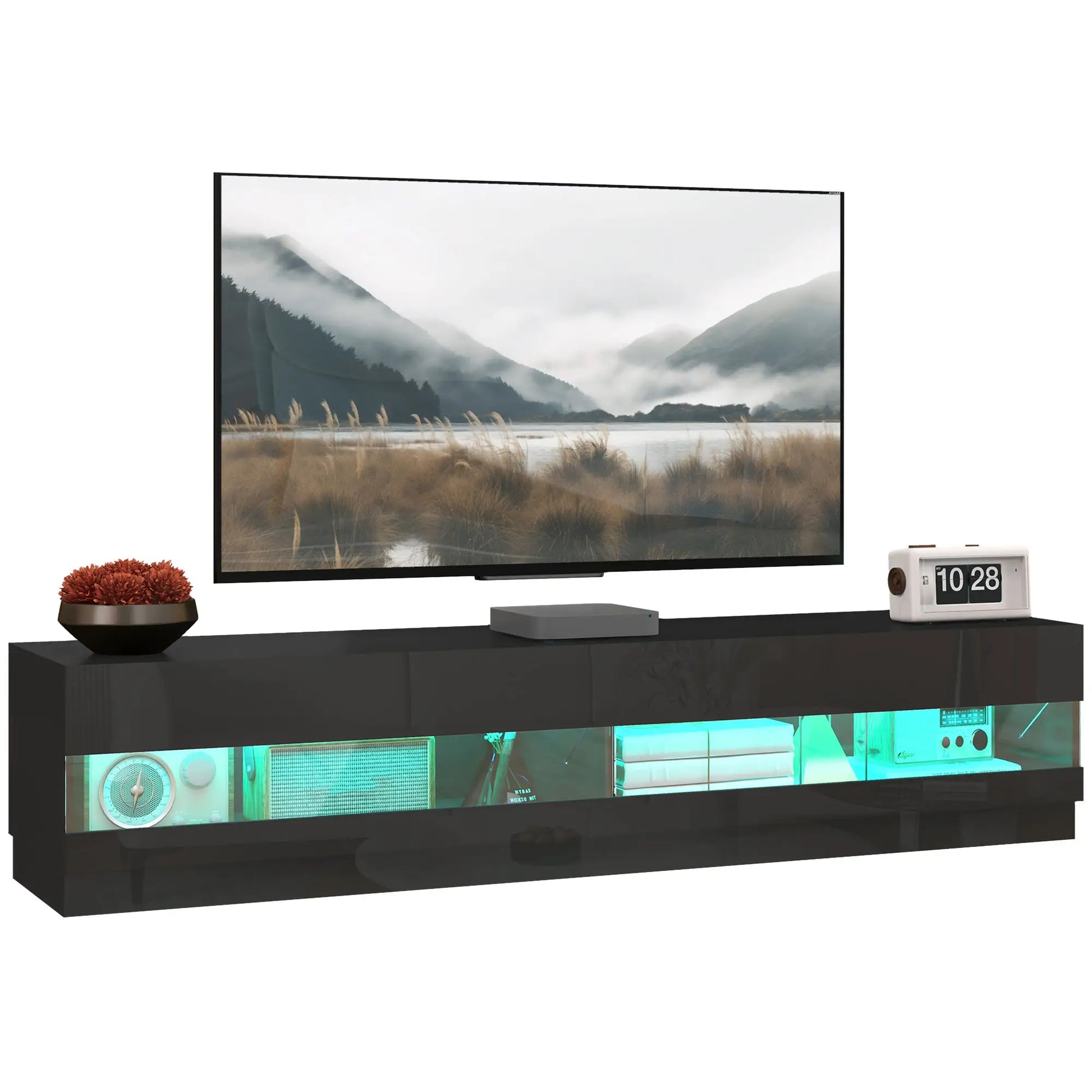 Lighted TV Stand for 75" TVs, TV Cabinet with Storage, High Gloss, Black TV Stands High Gloss Black at Gallery Canada