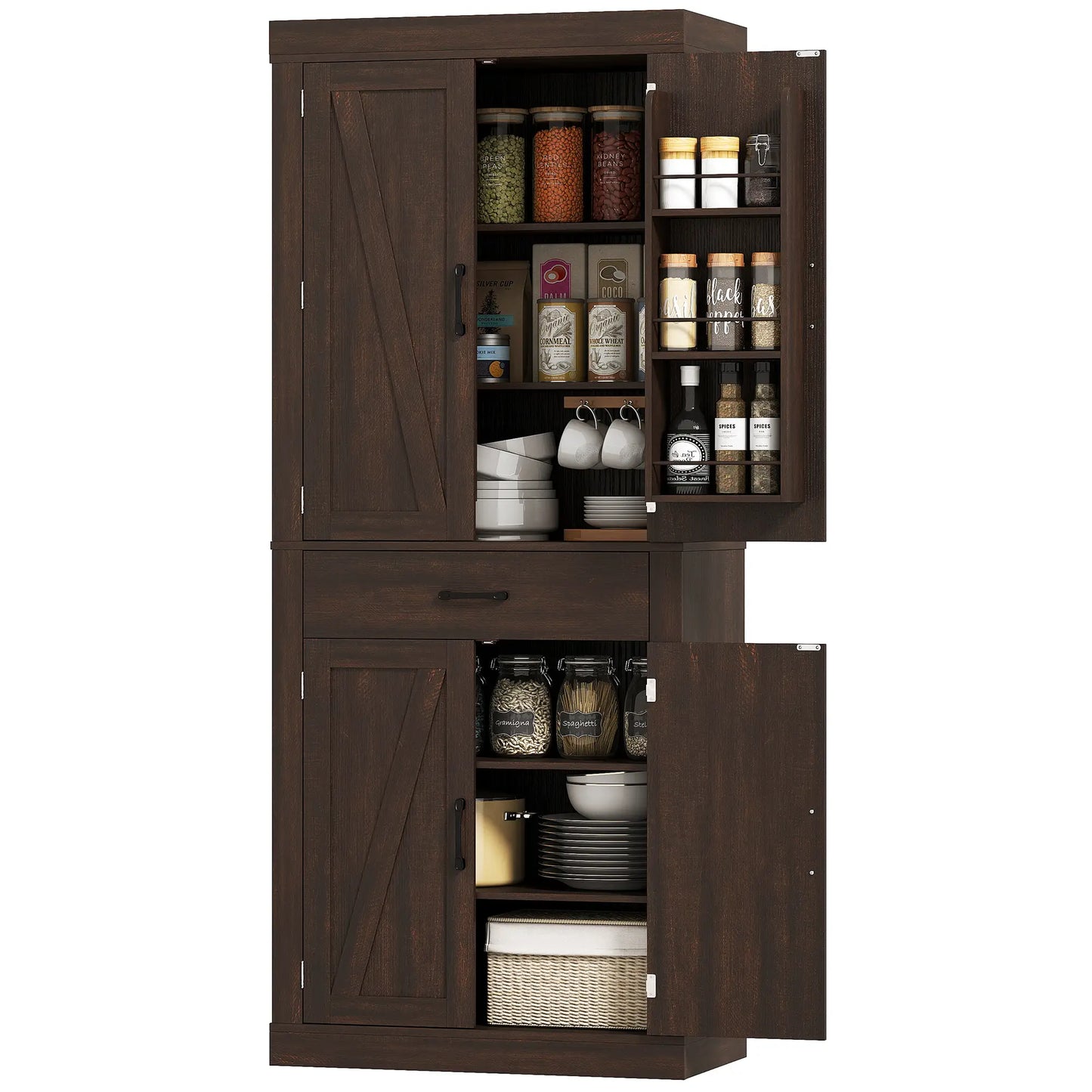 72 Inch Kitchen Pantry Cabinet, Farmhouse Storage, 4 Barn Doors, Brown Kitchen Pantry Cabinets Brown at Gallery Canada