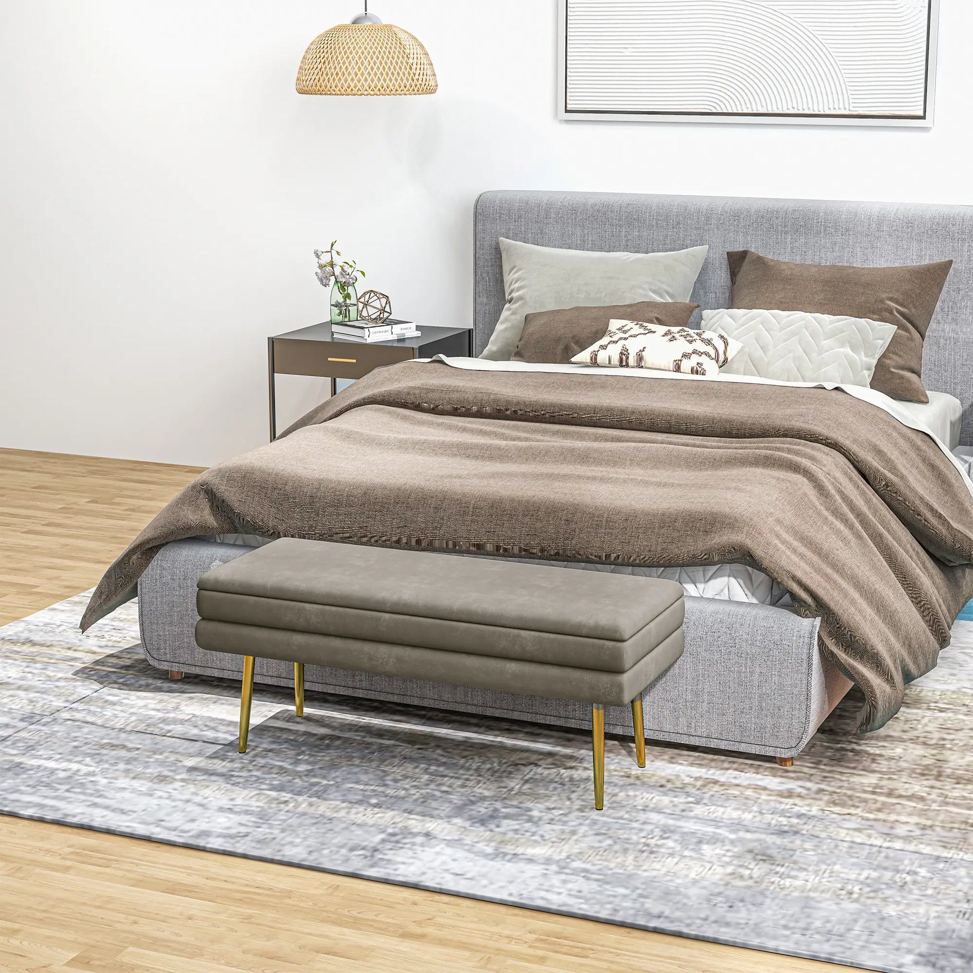 Velvet Upholstered Bench, Thick Padded Seat, Steel Legs, Beige Storage Ottomans & Benches at Gallery Canada