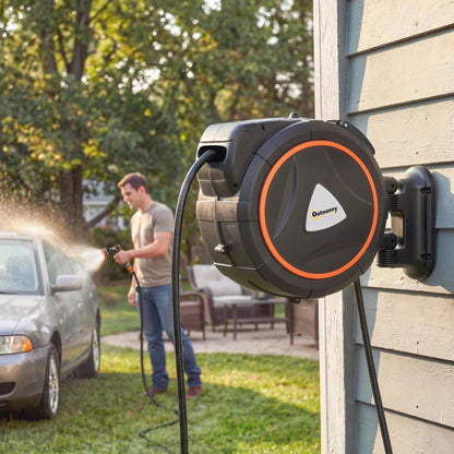 Retractable Garden Hose Reel, 1/2" x 92ft Wall Mounted Hose Reel with 12-Pattern Nozzles, Auto Retraction, Self-Locking Garden Accessories at Gallery Canada