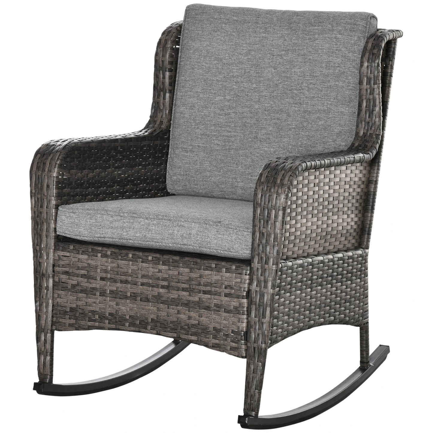 Outdoor Wicker Rocking Chair, PE Rattan Porch Rocker, Grey Outdoor Rocking Chairs Mixed Grey Rattan, Grey Cushion at Gallery Canada