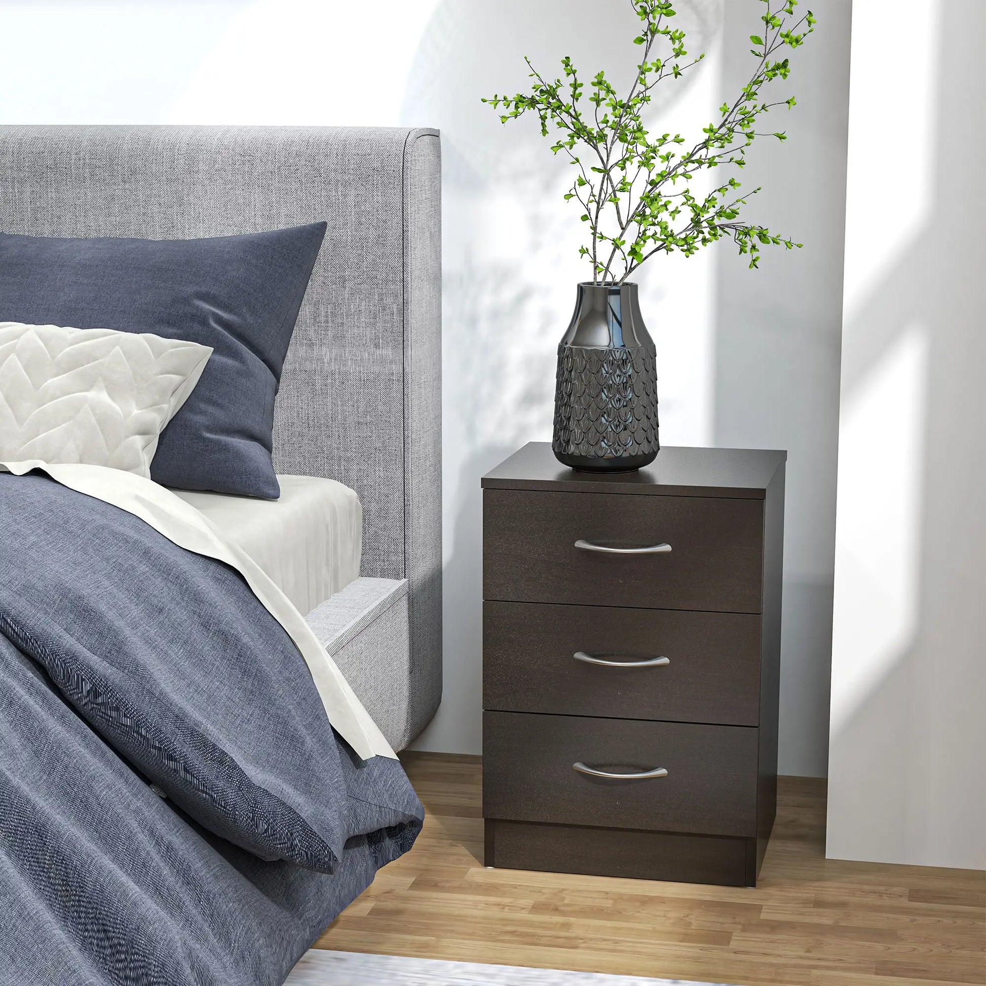 Modern Wood Nightstand, 3 Drawers, Anti-Tipping Design, Set of 2, Dark Brown Bedside Tables at Gallery Canada