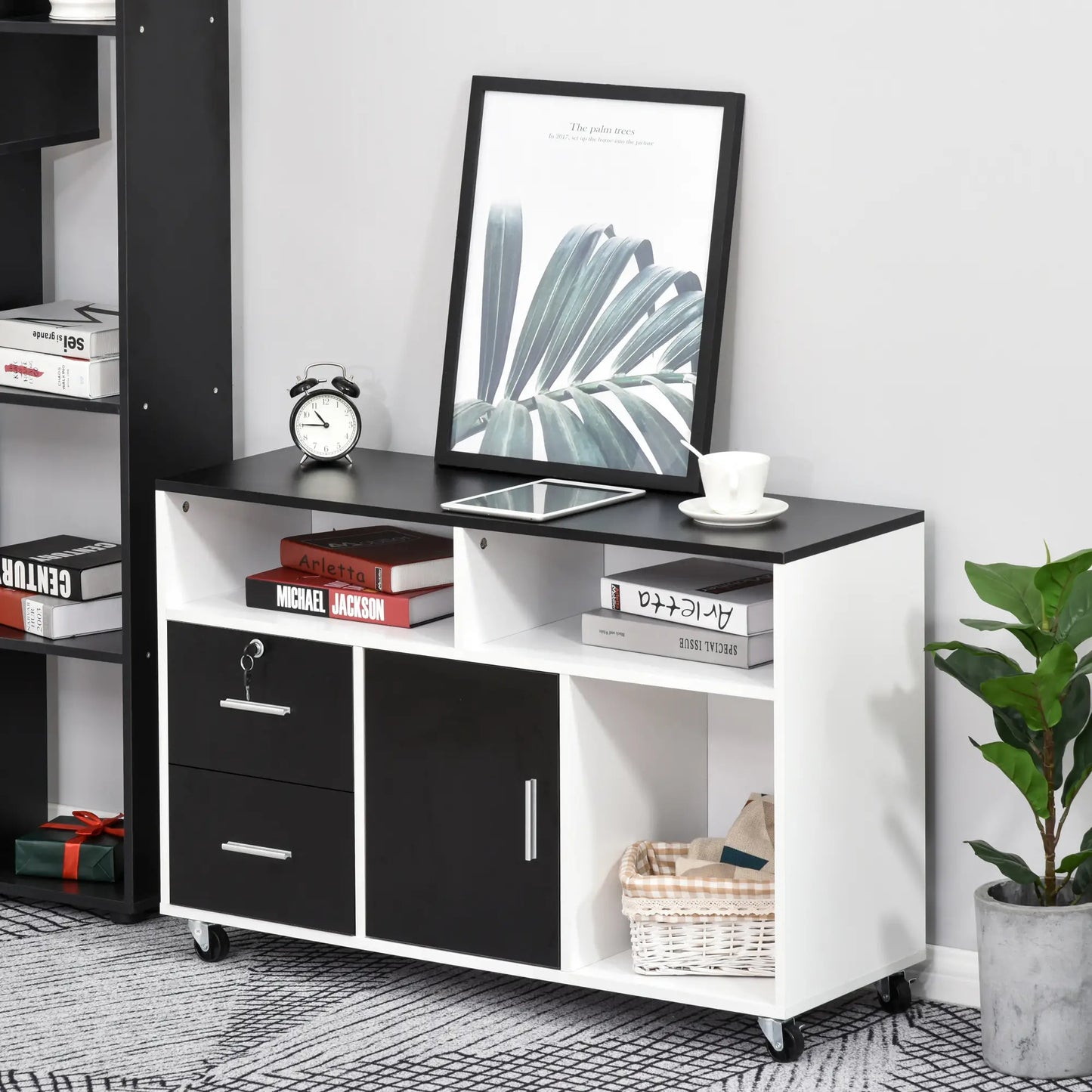 Lateral Filing Cabinet, Mobile with Wheels, Lockable Drawer, Black Office Cabinets & Cupboards at Gallery Canada
