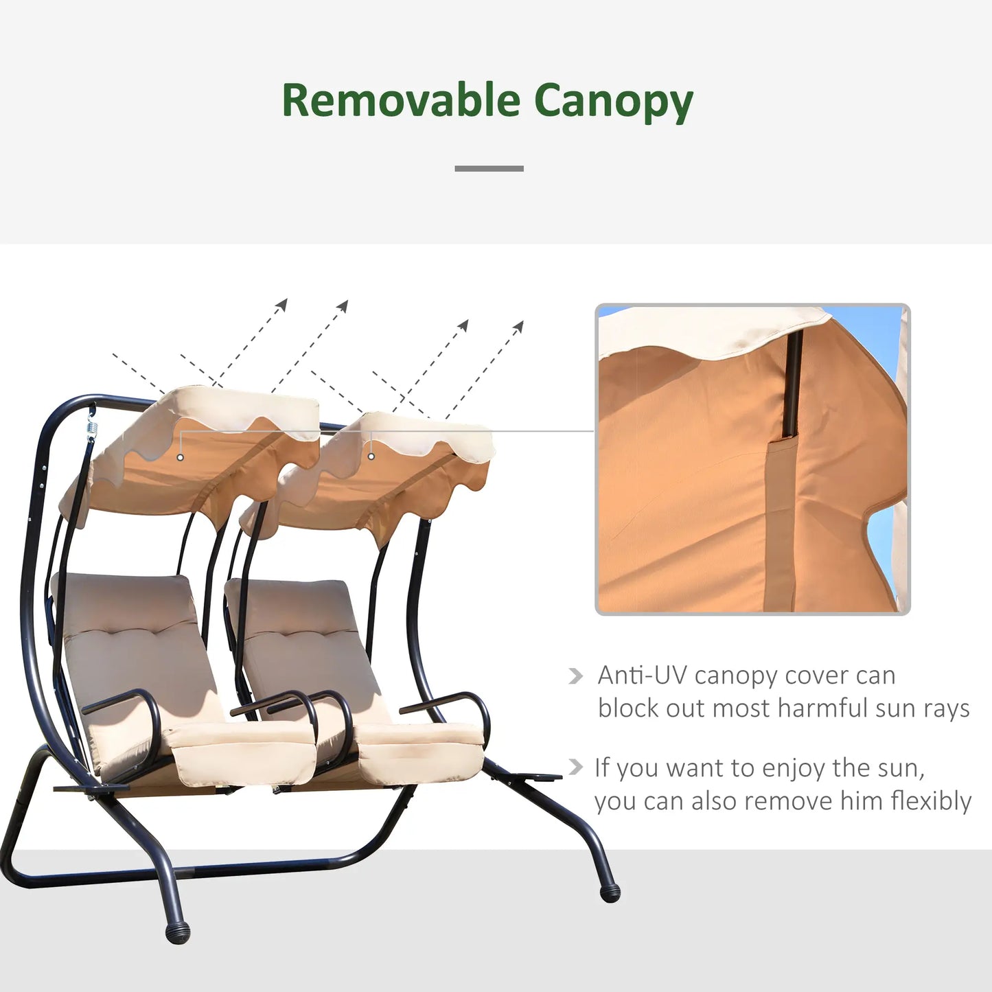 Metal Outdoor Swing Chair, 2 Seater Hammock with Canopy, Beige Patio Swings with Stand at Gallery Canada