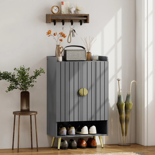 Narrow Shoe Storage Cabinet, Adjustable Shelves, Open Shelf, 15 Pairs, Grey Shoe Storage Cabinets & Racks Grey, Gold at Gallery Canada