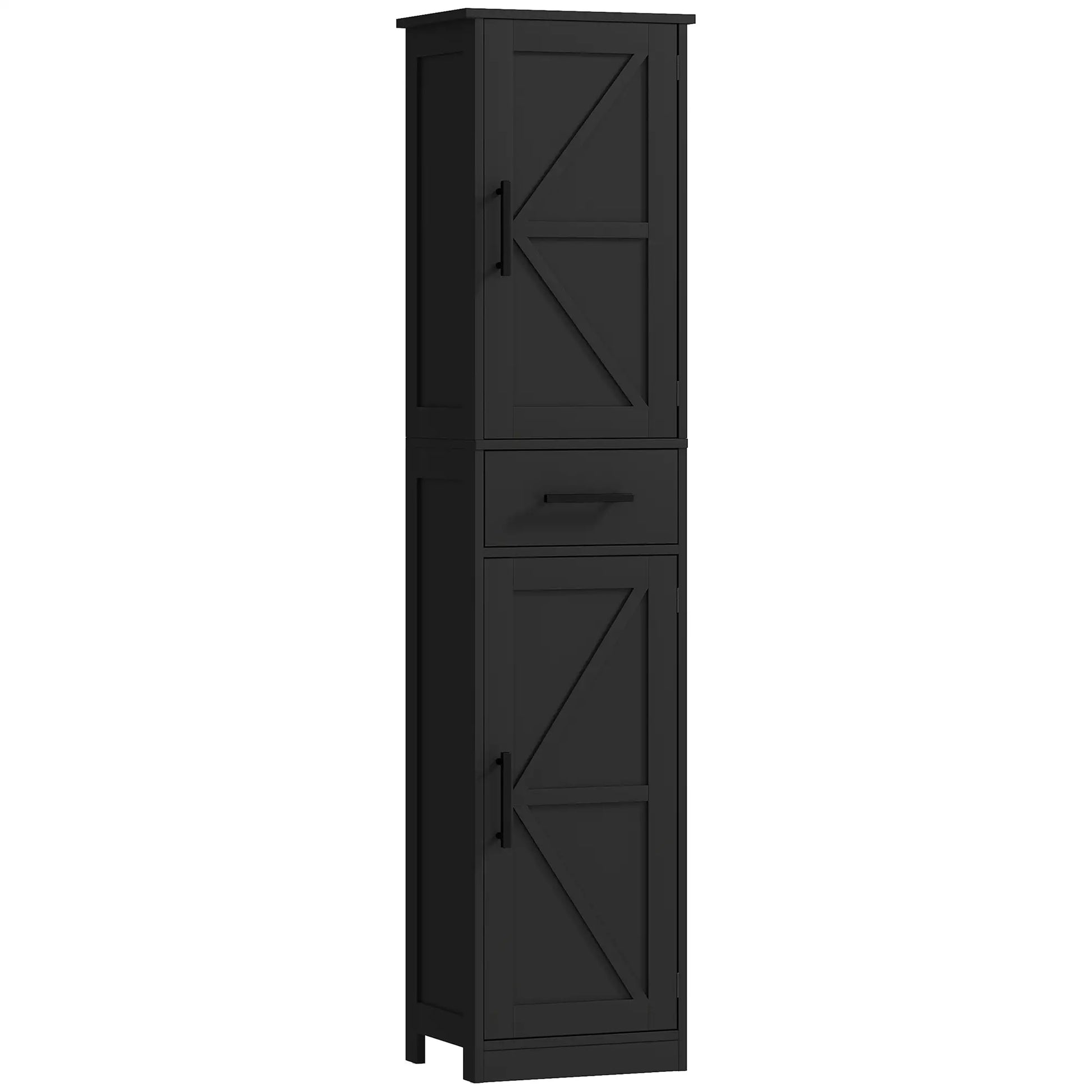 67" Tall Bathroom Cabinet, Narrow Storage with Drawer, Barn Doors, Adjustable Shelves, Black Bathroom Cabinets Black at Gallery Canada