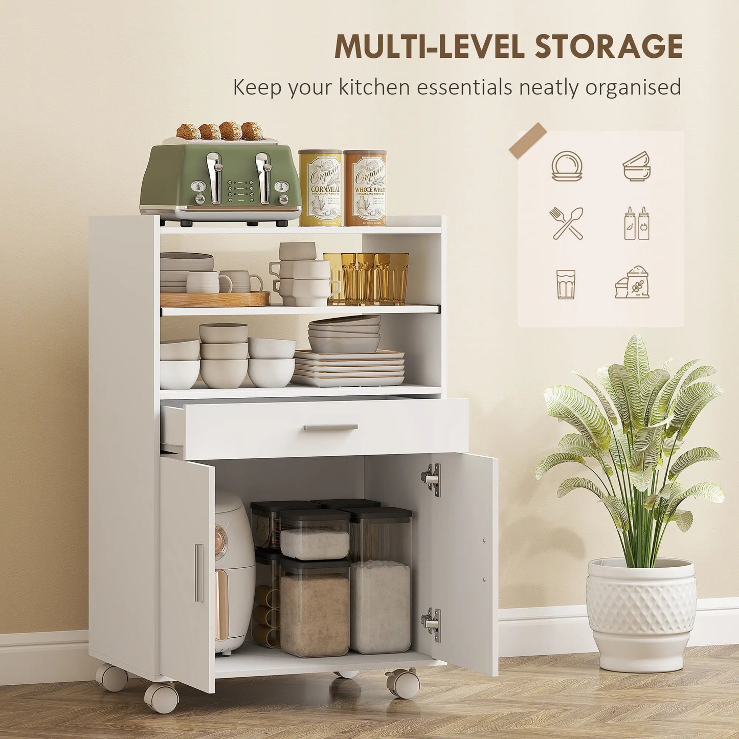 Microwave Cart with Wheels, Storage Cabinet, White Kitchen Islands & Kitchen Carts at Gallery Canada