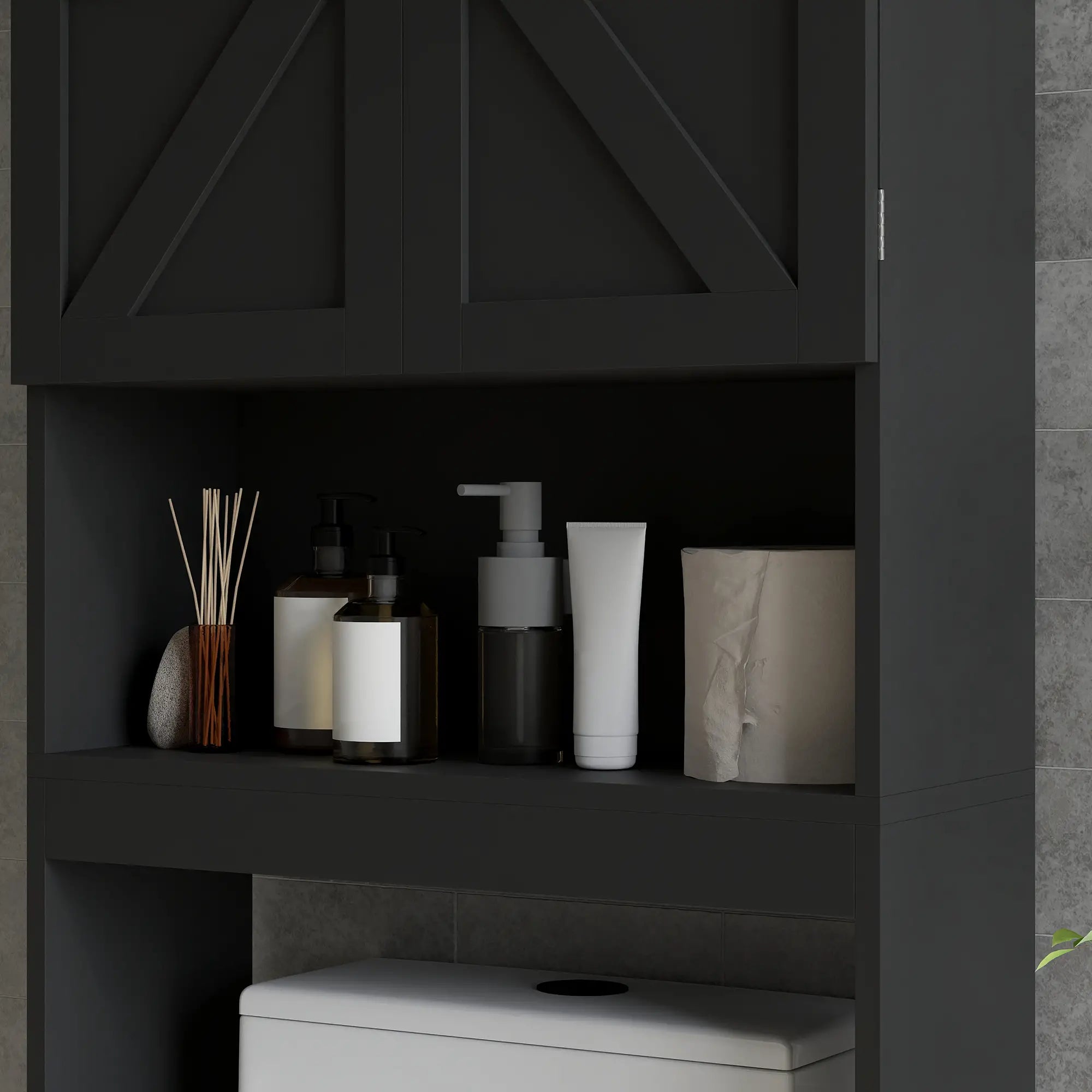 Over Toilet Cabinet, Bathroom Storage with Barn Doors, Open Shelf, Black Bathroom Cabinets at Gallery Canada