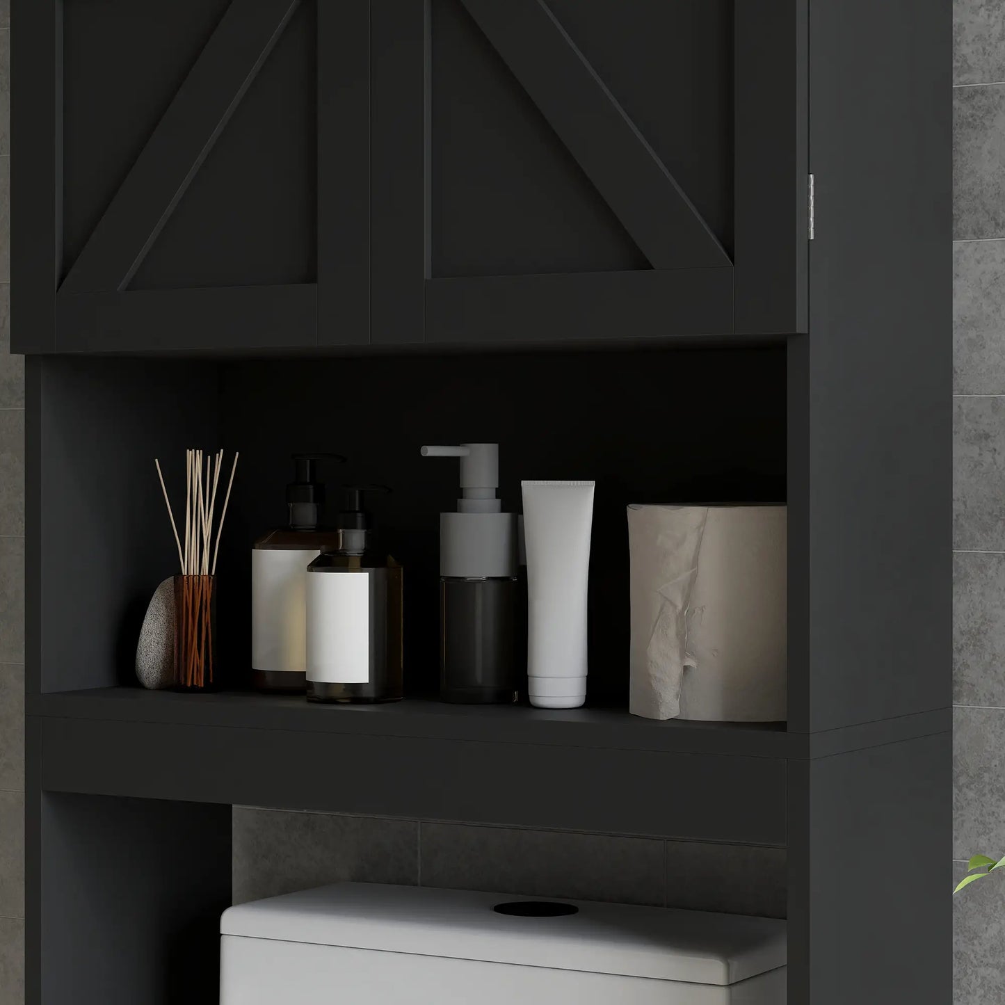 Over Toilet Cabinet, Bathroom Storage with Barn Doors, Open Shelf, Black Bathroom Cabinets at Gallery Canada