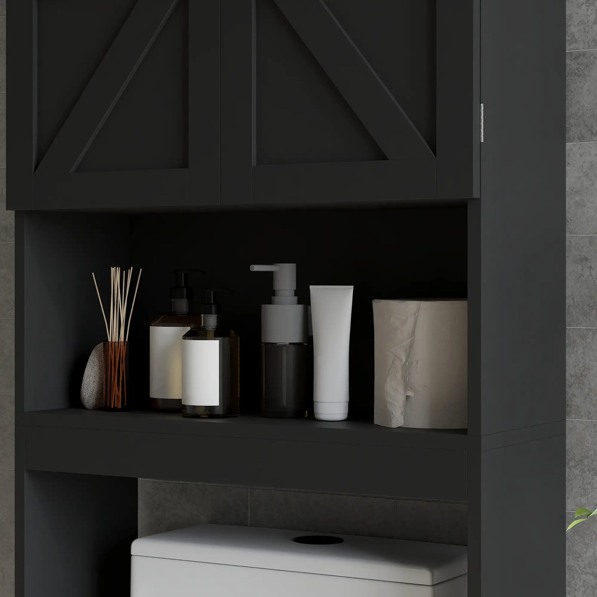 Over Toilet Cabinet, Bathroom Storage with Barn Doors, Open Shelf, Black Bathroom Cabinets at Gallery Canada