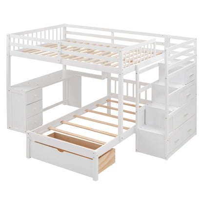 Over Twin Bunk Bed with Desk, Drawers, Shelves, 98" L x 80" W x 64.5" H, White Bed Frames at Gallery Canada