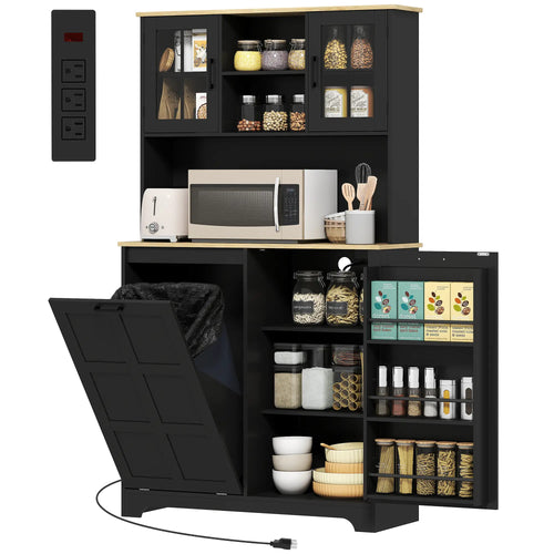 Kitchen Pantry Cabinet, 7 Gallon Trash Can, Adjustable Shelves, Acrylic Doors, Black