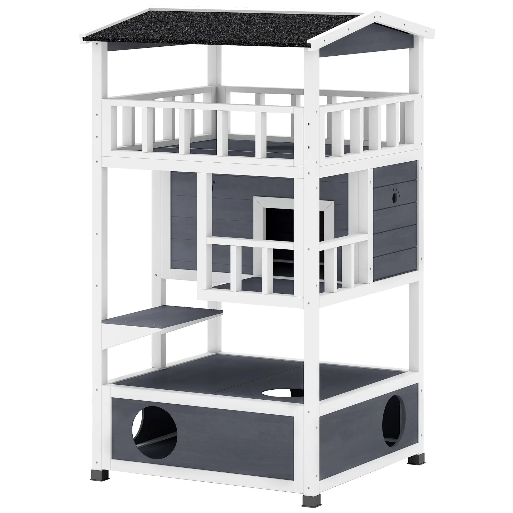 4-Floor Wood Outdoor Cat House, Condo, Fun Entrances, Perch, Grey Cat Houses at Gallery Canada