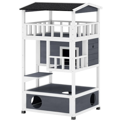 4-Floor Wood Outdoor Cat House, Condo, Fun Entrances, Perch, Grey Cat Houses at Gallery Canada