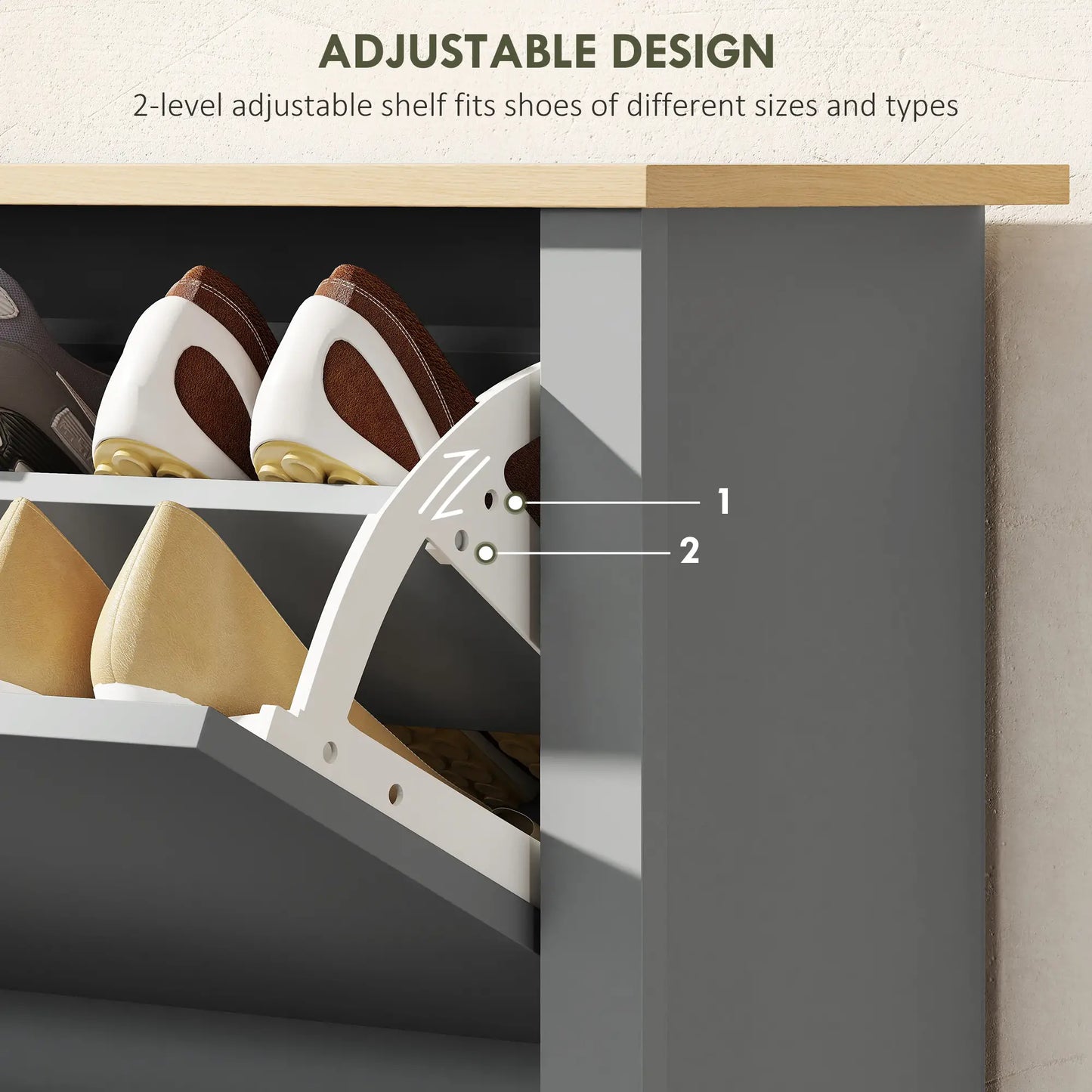 Shoe Storage Cabinet, 2 Flip Drawers, Adjustable Shelves, Light Grey Shoe Storage Cabinets & Racks at Gallery Canada