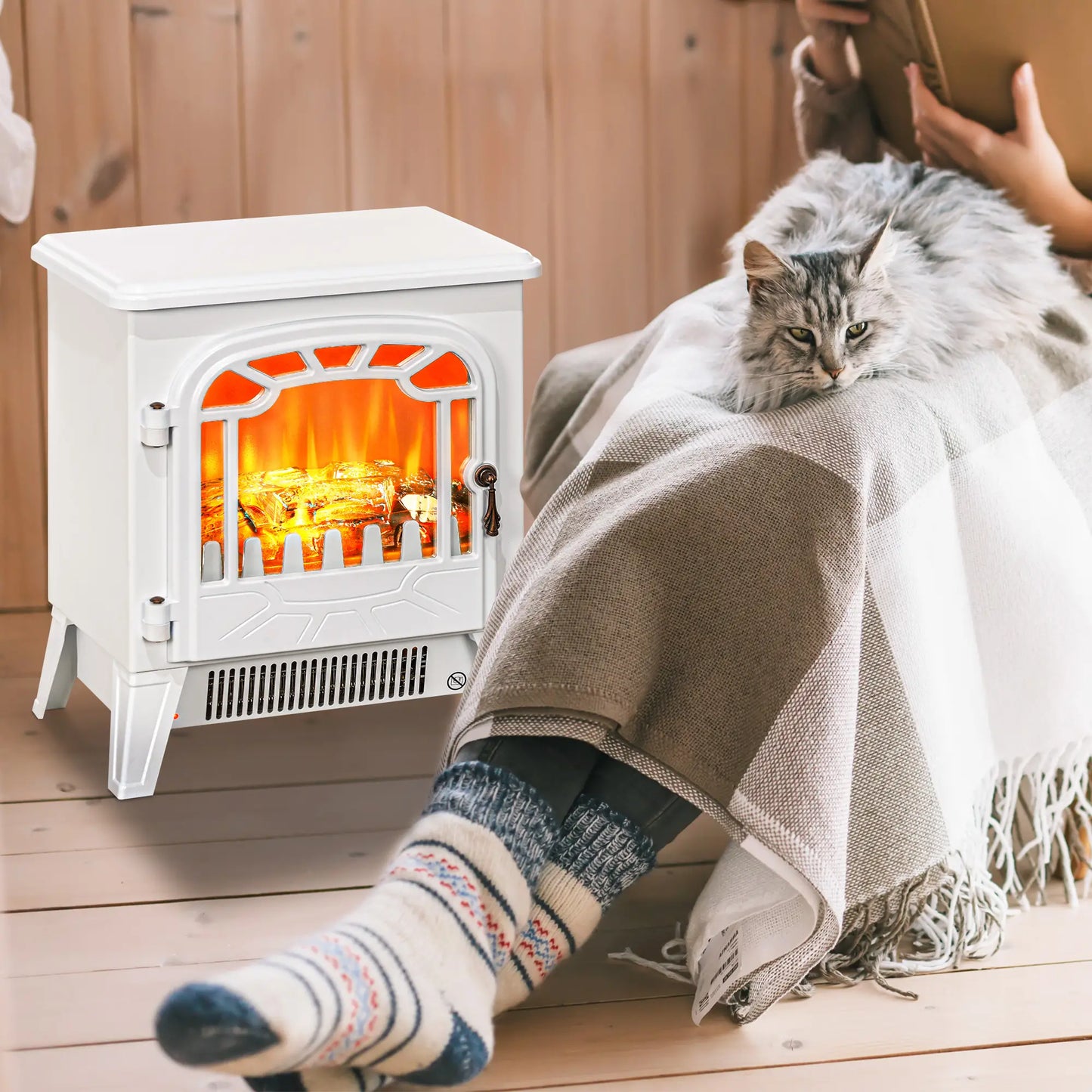 Freestanding Electric Fireplace Heater, Overheat Protection, Realistic Flame, 750W/1500W, White Electric Fireplaces at Gallery Canada