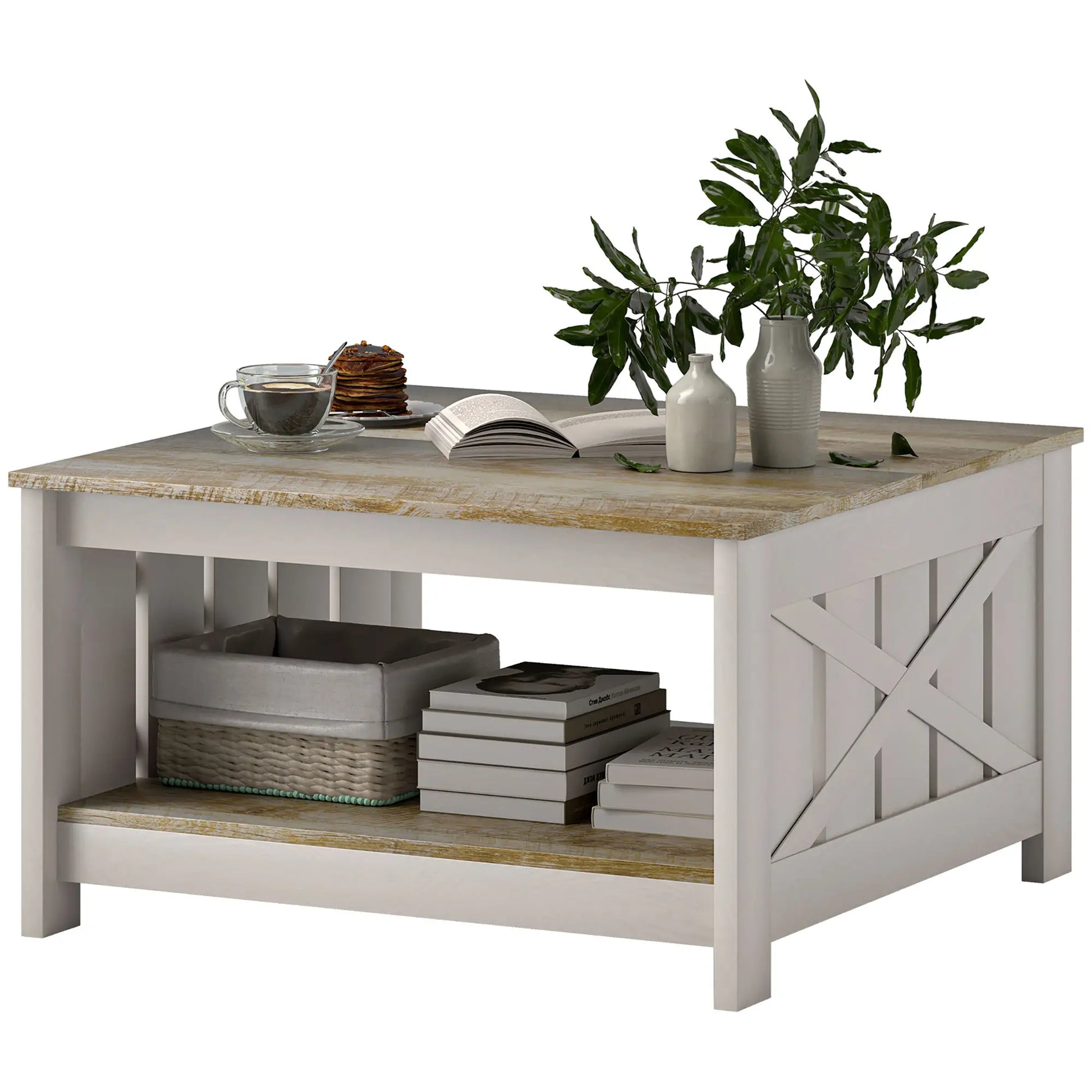 31.5" Square Coffee Table, Farmhouse 2-Tier, Distressed Oak Brown, Brown Coffee Tables Distressed Oak and Brown at Gallery Canada