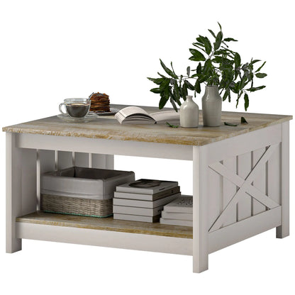 31.5" Square Coffee Table, Farmhouse 2-Tier, Distressed Oak Brown, Brown Coffee Tables Distressed Oak and Brown at Gallery Canada